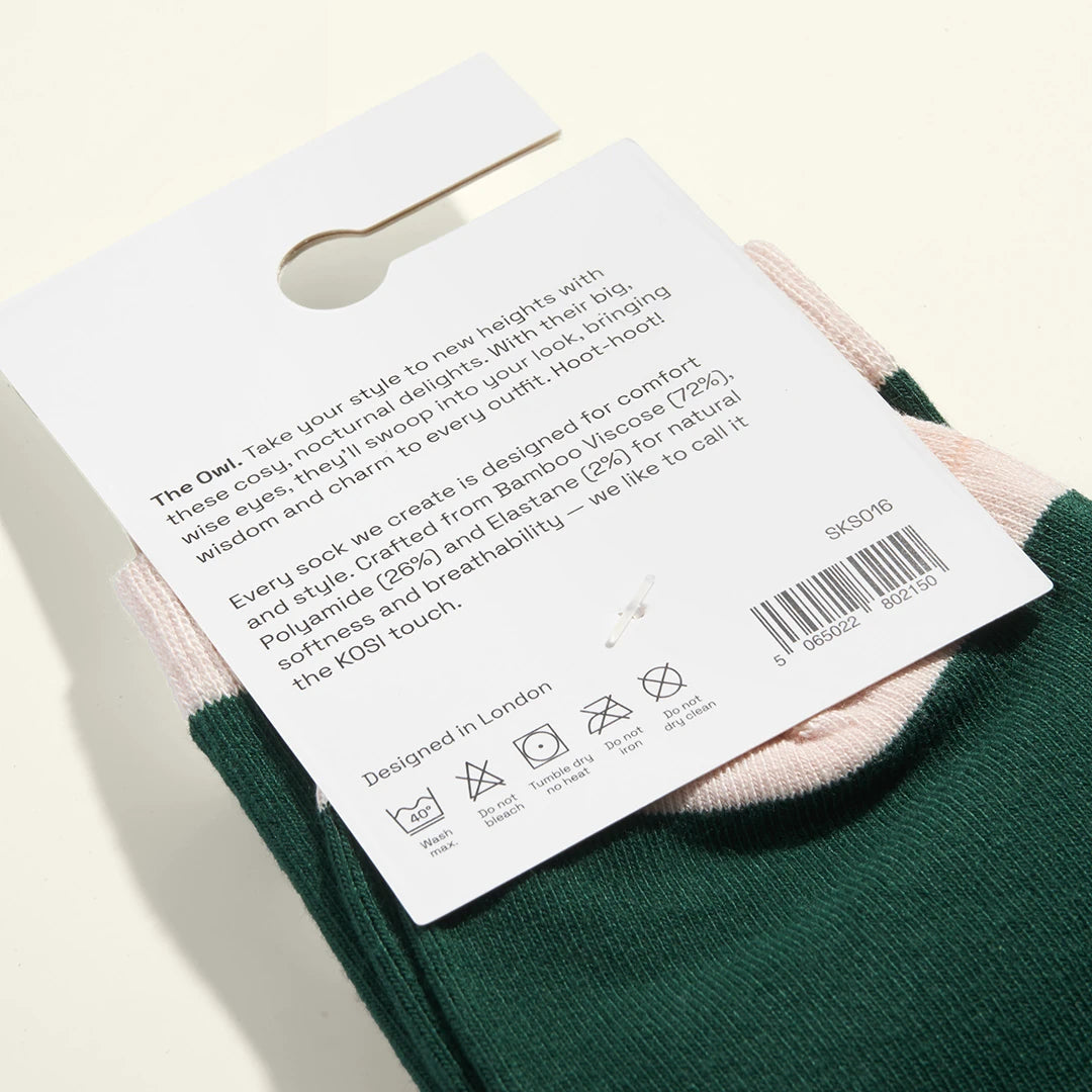 KOSI London The Owl Bamboo Socks (UK 3-8) and KOSI London packaging on a white background | Lifestory