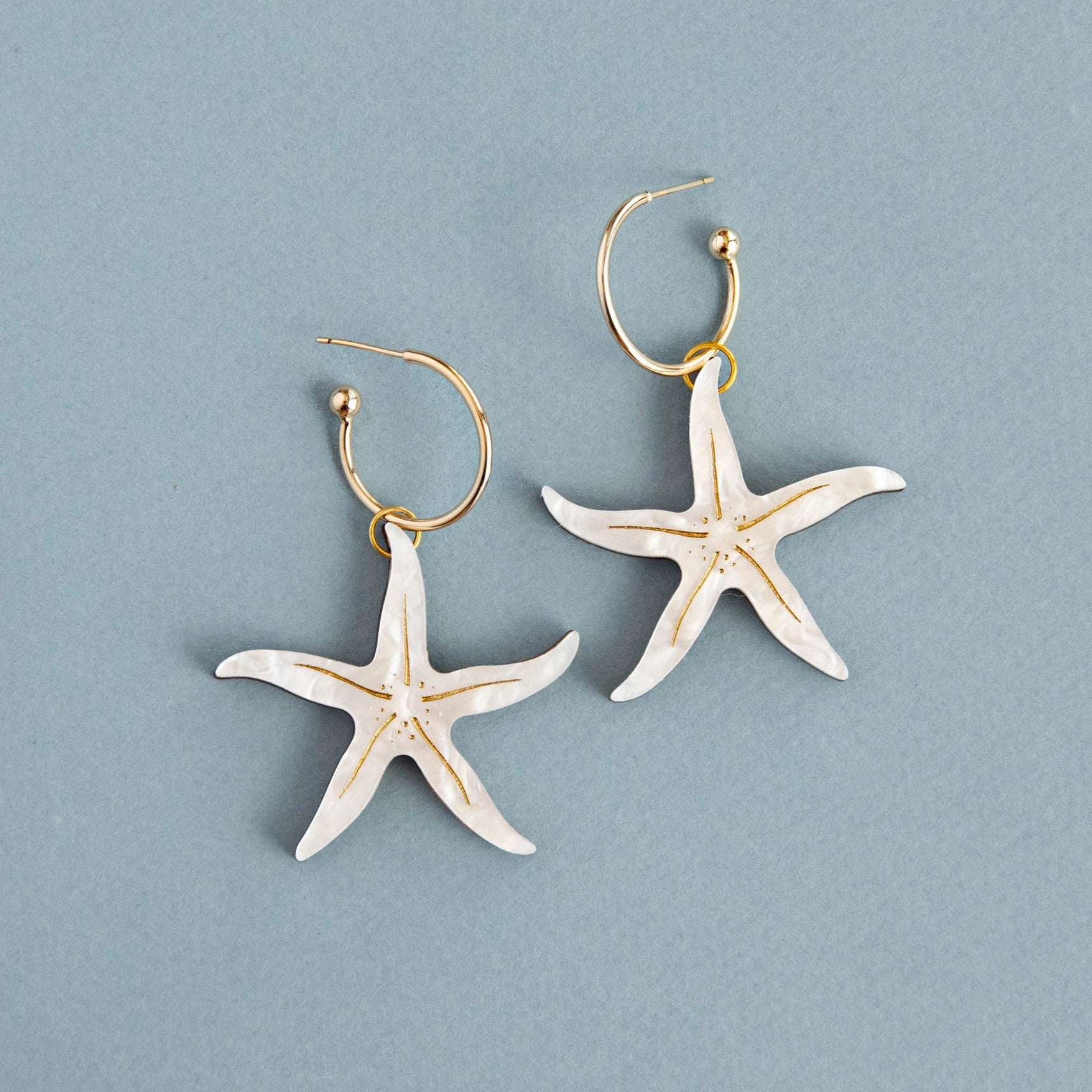Pepper You Acrylic & Wood Pearly Statement Starfish Hoop Earrings in Marble White