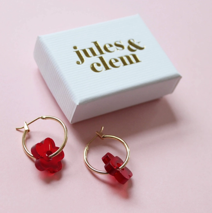 Flower Hoop Earrings | Red | Perspex & Gold Plate | by Jules & Clem - Lifestory