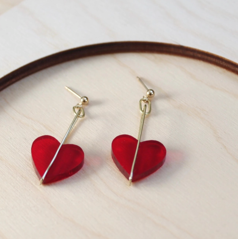 Heart Drop Earrings | Red | Perspex & Brass | by Jules & Clem - Lifestory