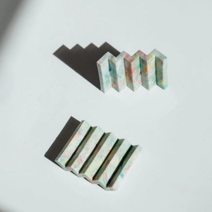 Müll Club Recycled Plastic Zip-Zag Soap Dish in Ye-o colourway which is mint green, green, yellow and pink