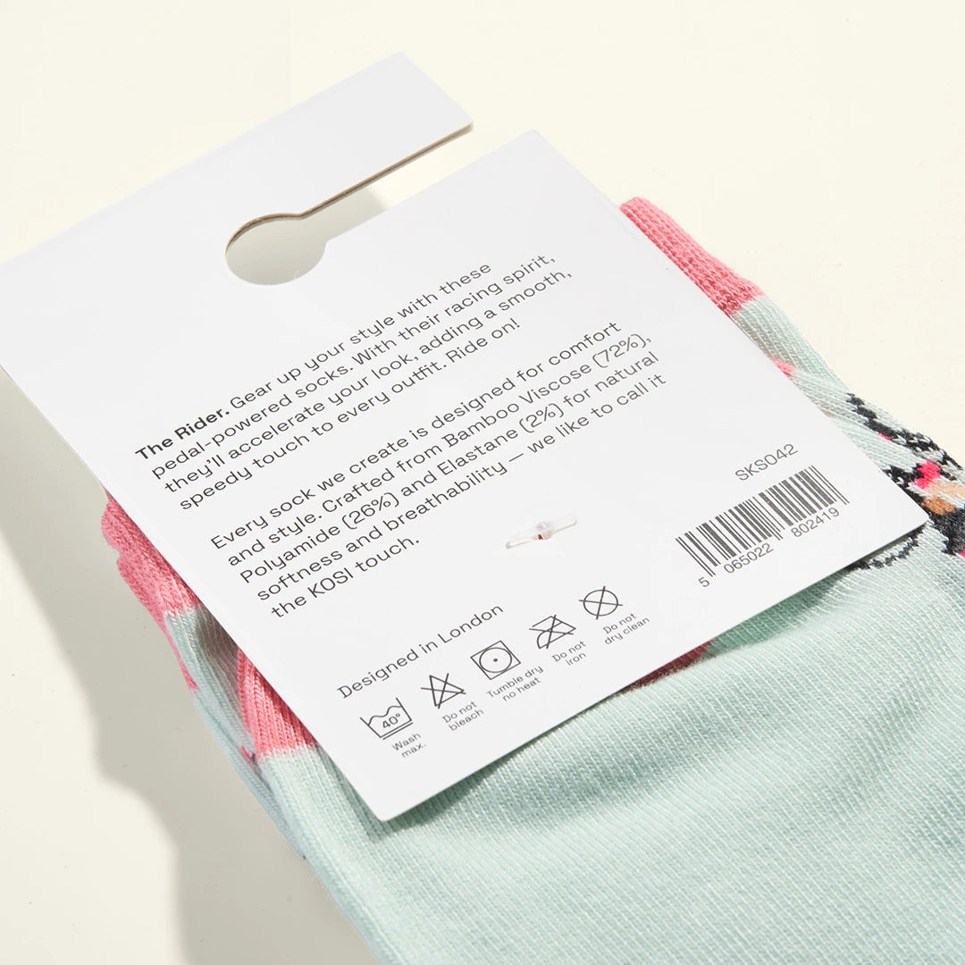 KOSI London The Rider Bamboo Socks (UK 3-8) and KOSI London packaging on a white background | Lifestory