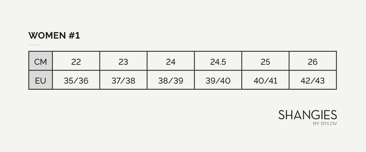 A size chart for womens number 1 style Shangies sandals in EU sizing and centimetres