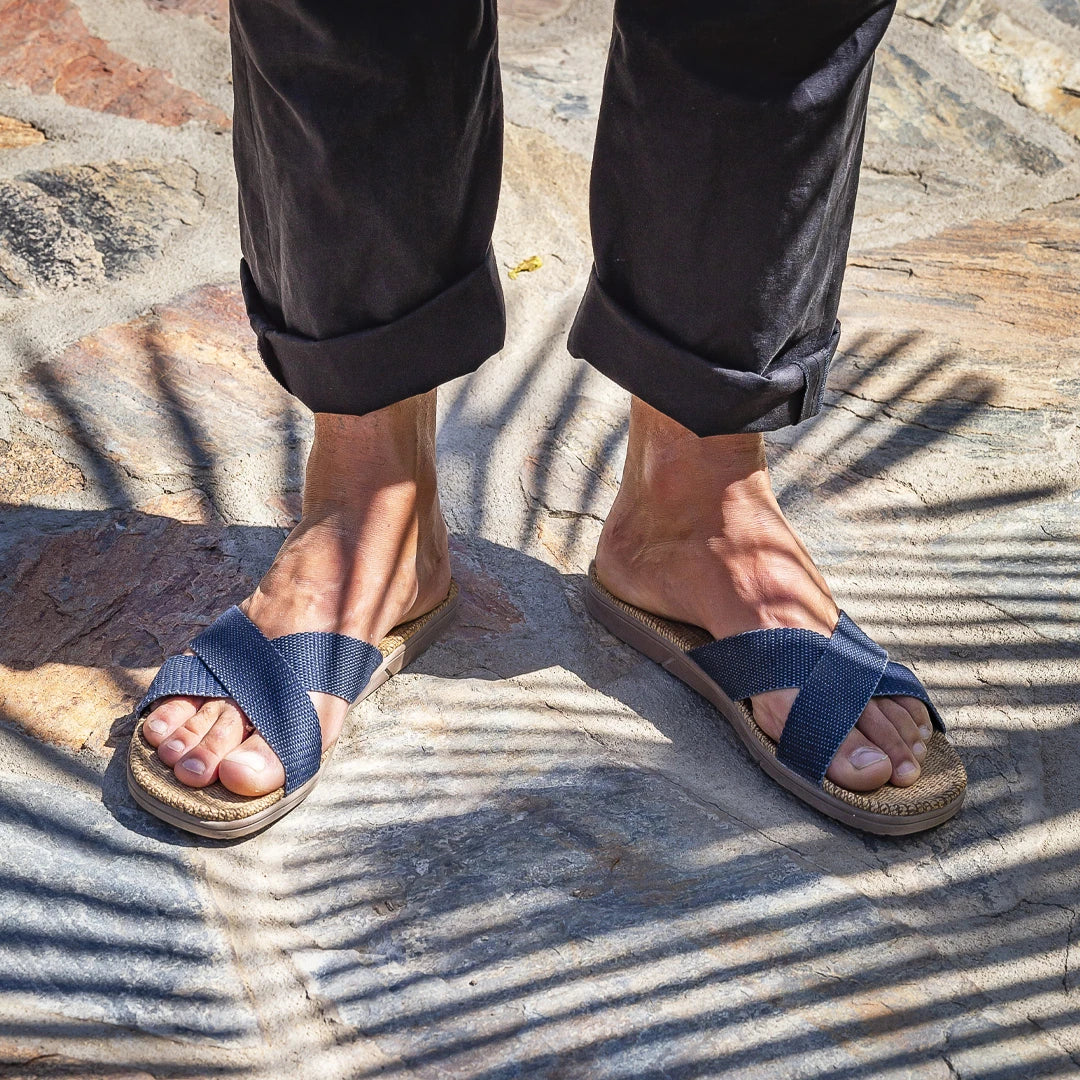 Person wearing Midnight Blue Shangies sandals on a stone surface | Breathable Washable | Lifestory