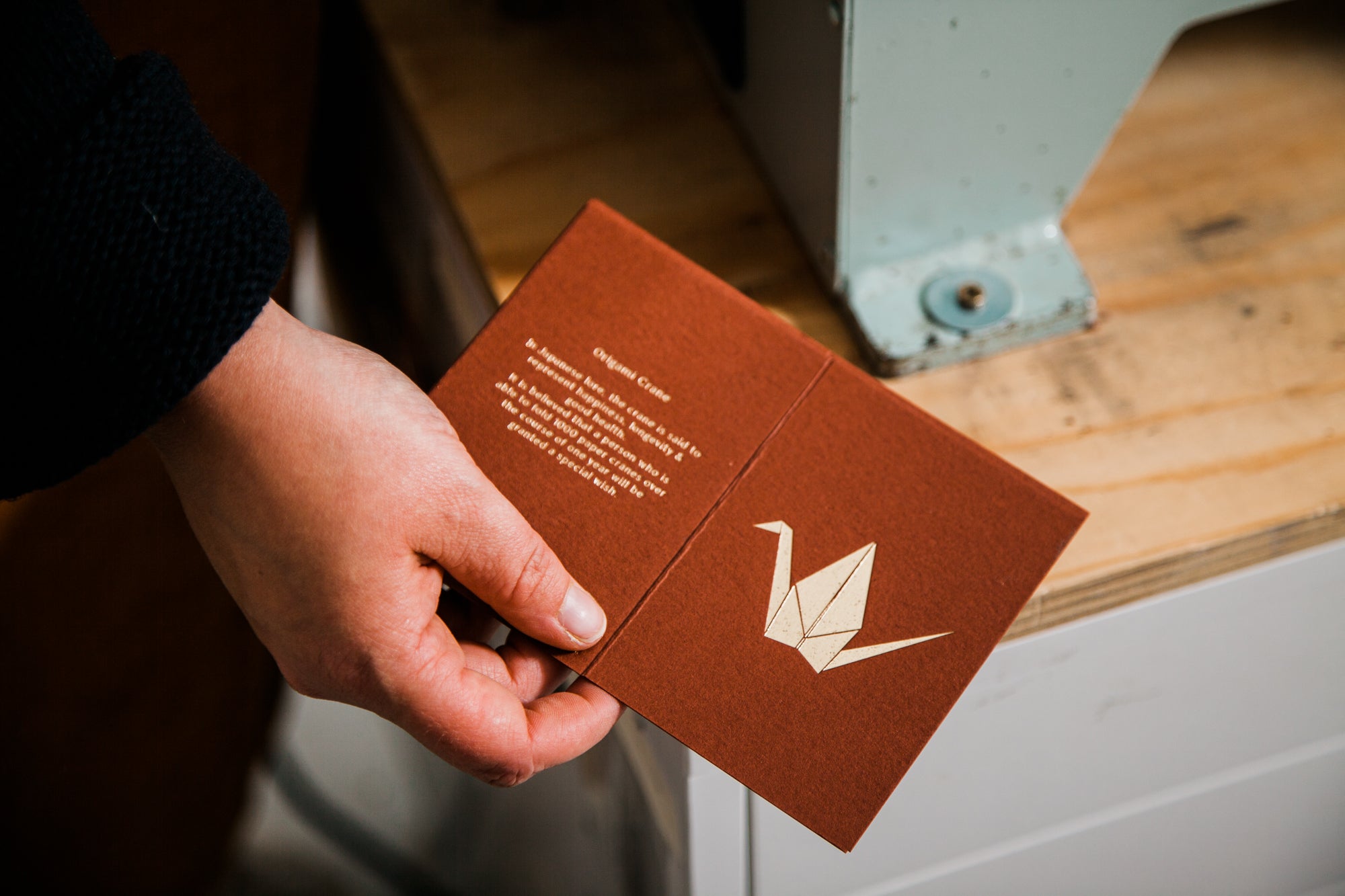 Small Paper Crane Card | Brass on Berry Red | Foil Blocked | by Ola - Lifestory