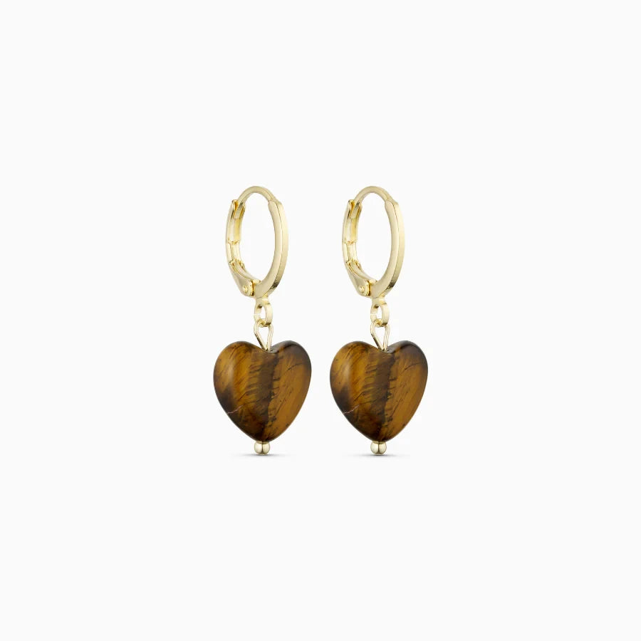 Soï Copenhagen Alma heart earrings in 18k gold with a Tiger Eye crystal heart