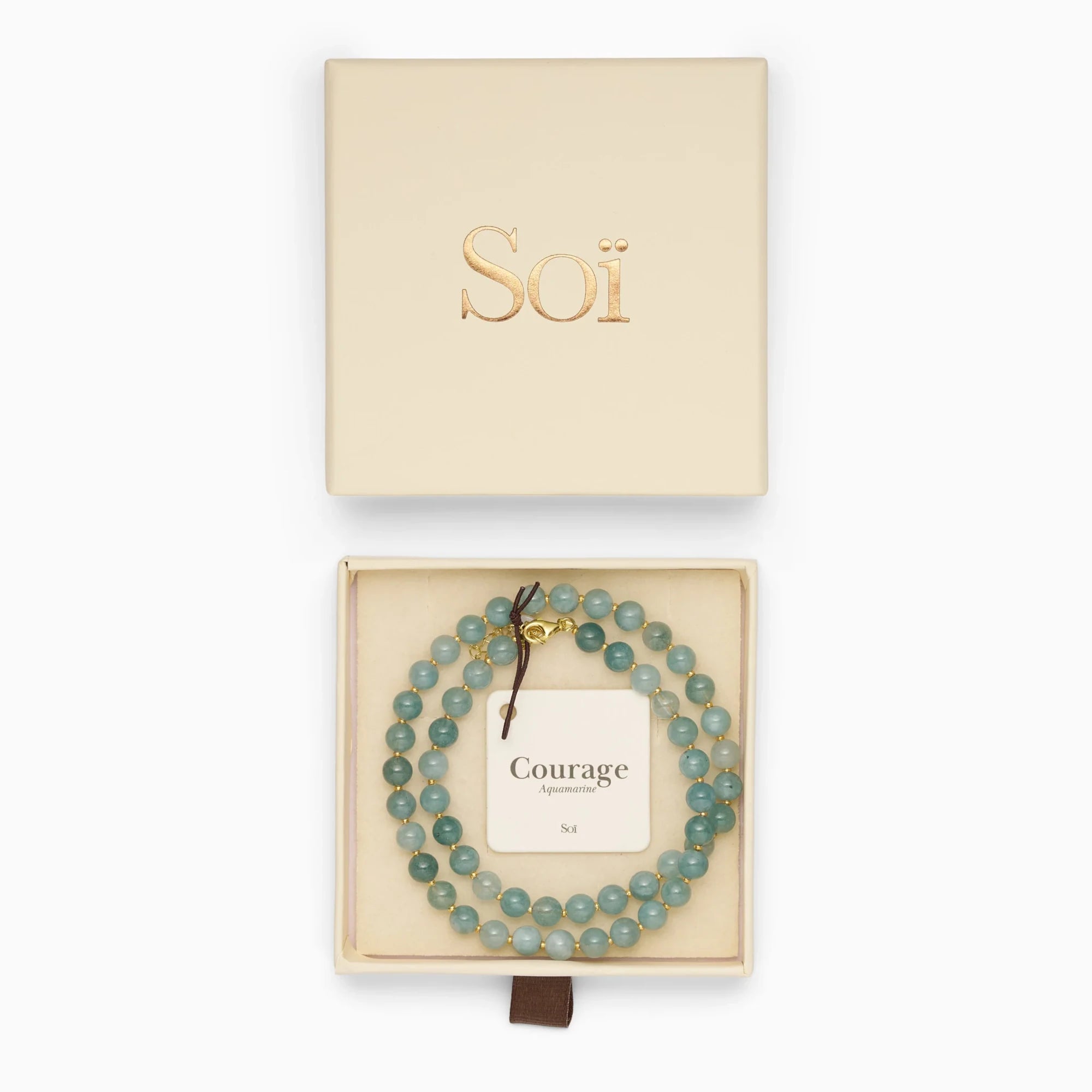 Soï Copenhagen Hailey necklace with Aquamarine crystal beads in 18k gold in jewellery box