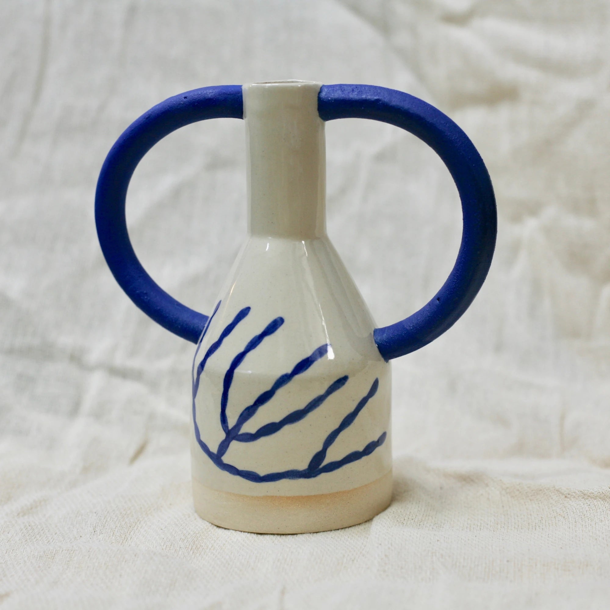 Sophie Alda Midi Jug Eared Stoneware Vase in Cream & Blue Pattern - Lifestory