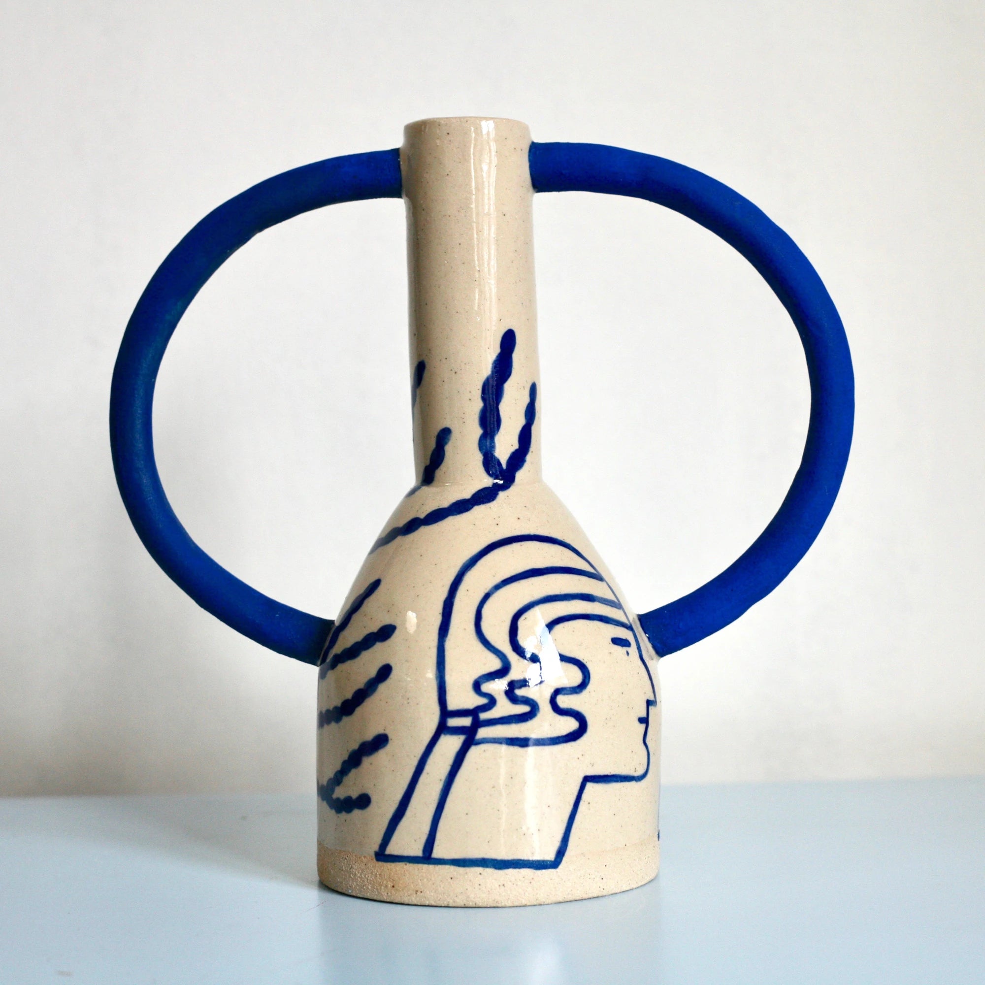 Sophie Alda Extra Large Jug Eared Stoneware Vase in Cream & Blue Pattern - Lifestory