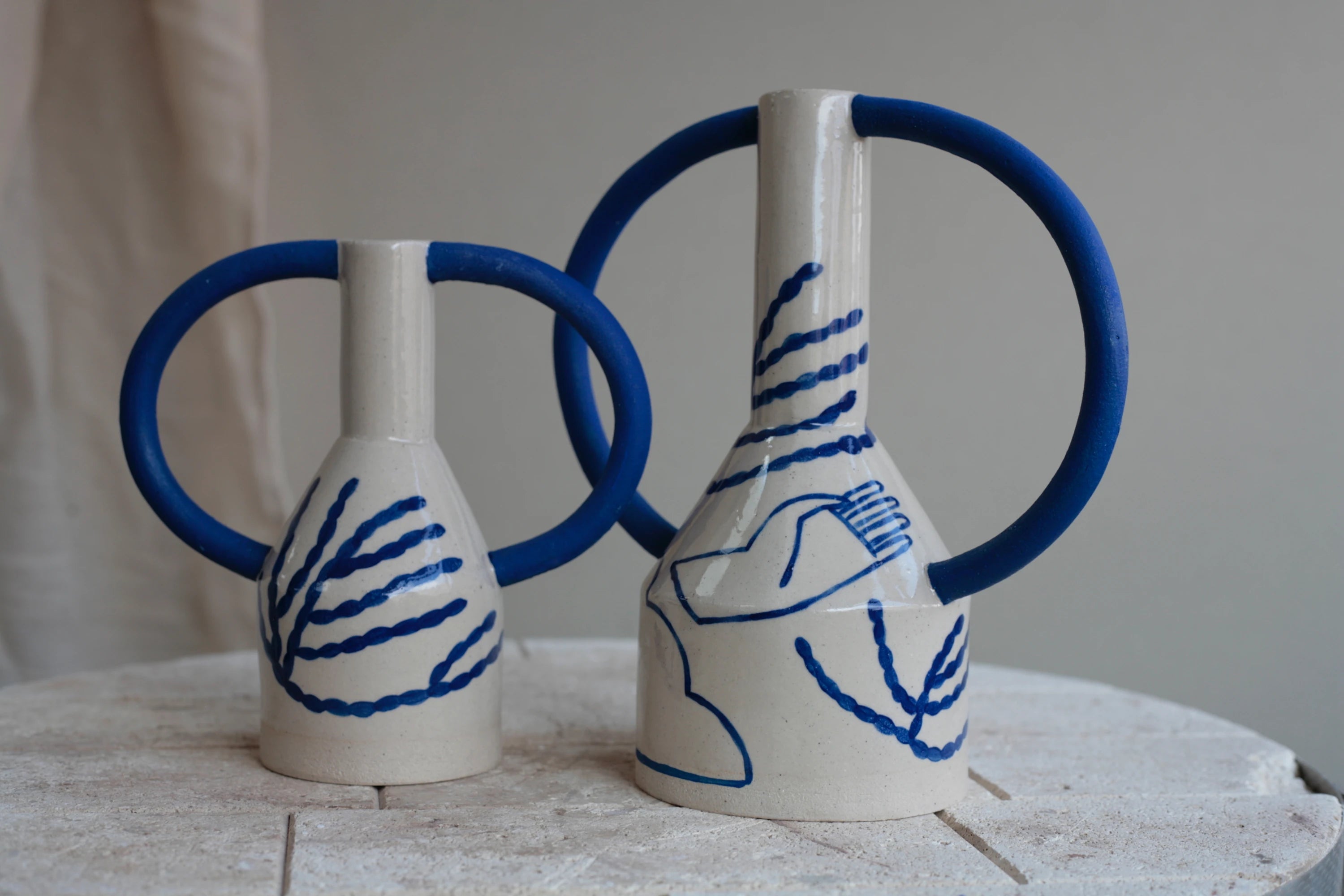 Sophie Alda Midi Jug Eared Stoneware Vase in Cream & Blue Pattern - Lifestory