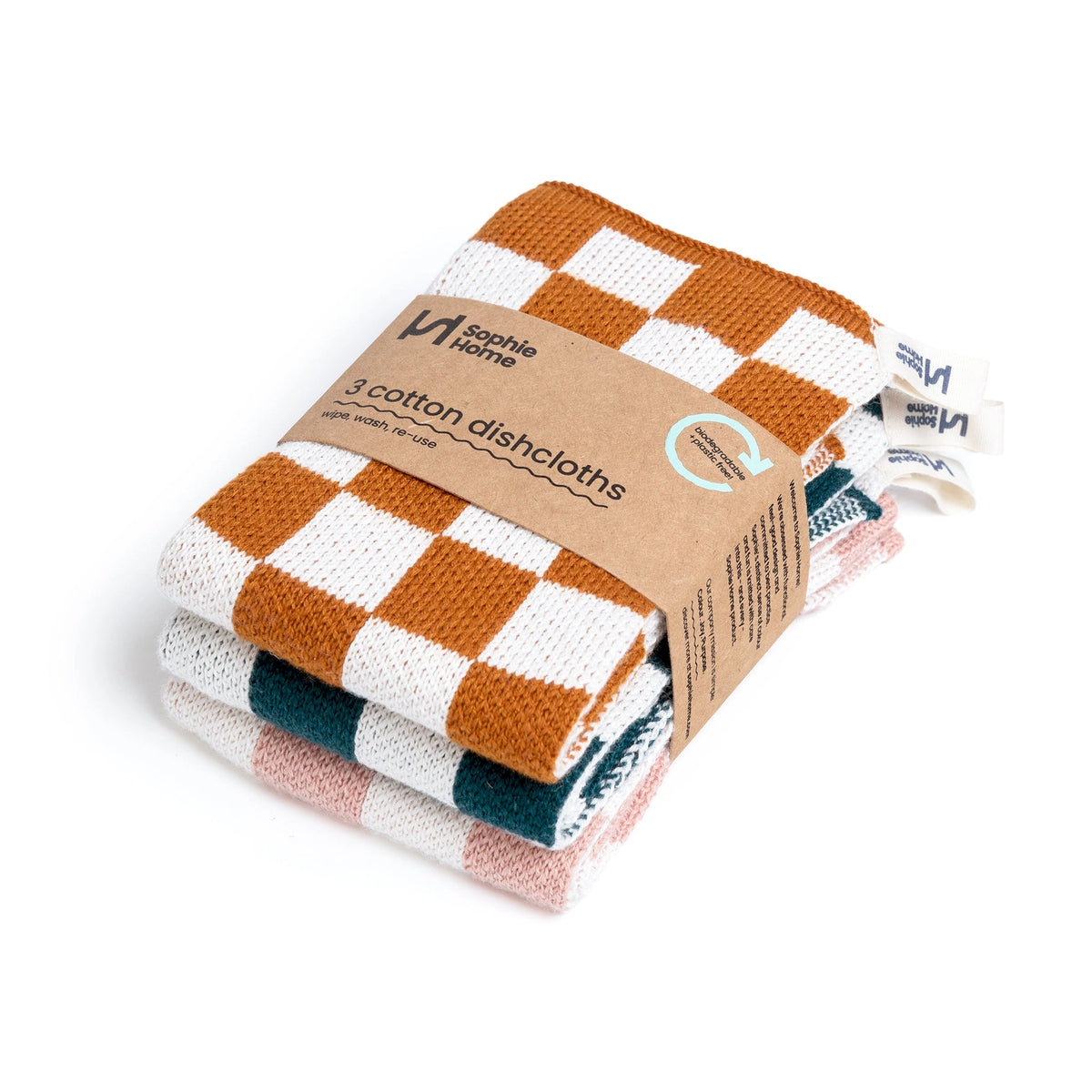 Sophie Home Reusable Cotton Checked Dish Cloths - Set of 3
