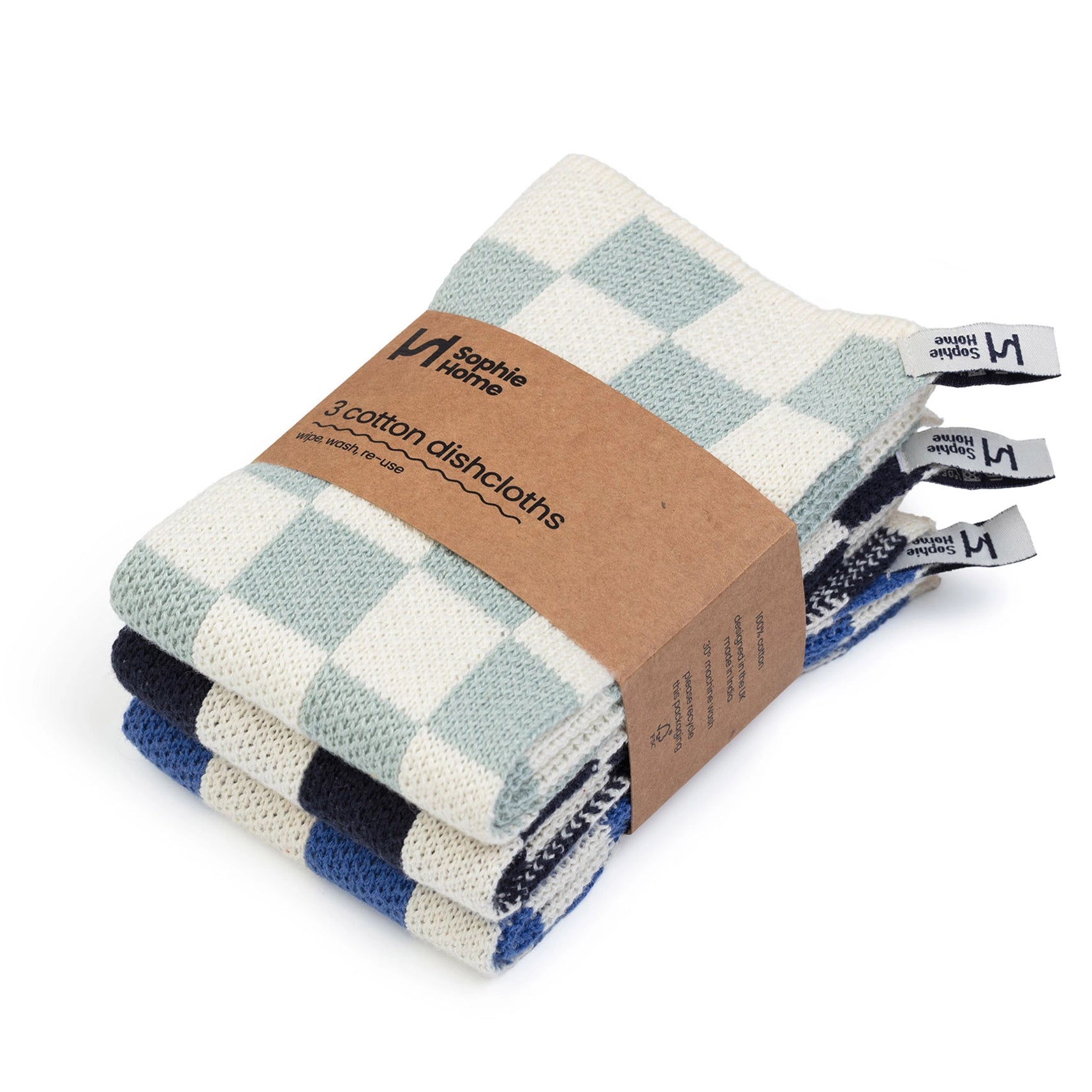 Sophie Home Reusable Cotton Checked Dish Cloths - Set of 3 - Lifestory