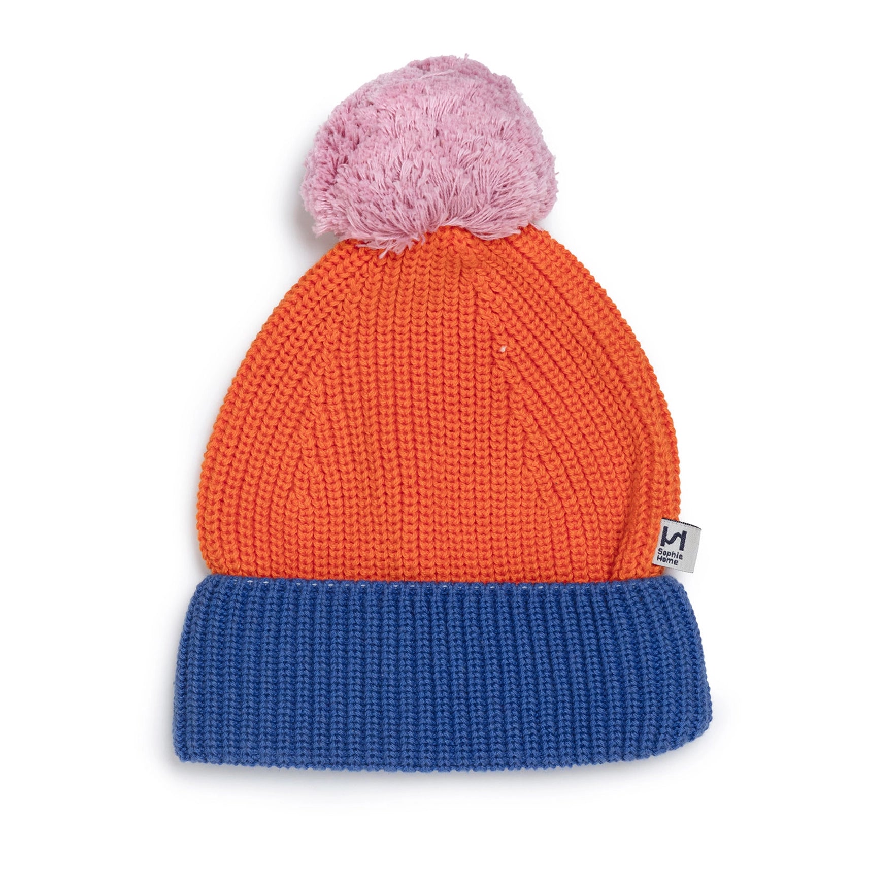 Knitted beanie with pink pom-pom on a white background