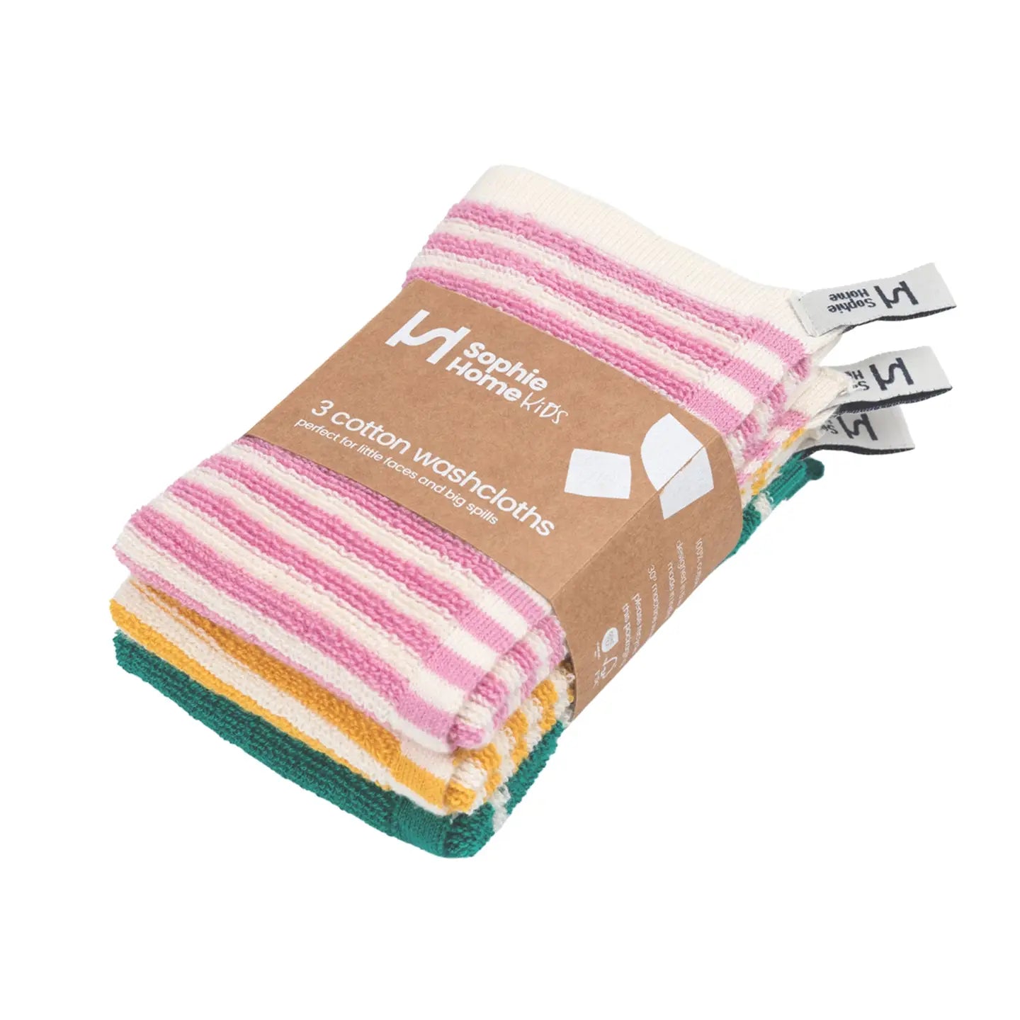 Sophie Home Kids Reusable Striped Terry Washcloths - Set of 3 - Lifestory