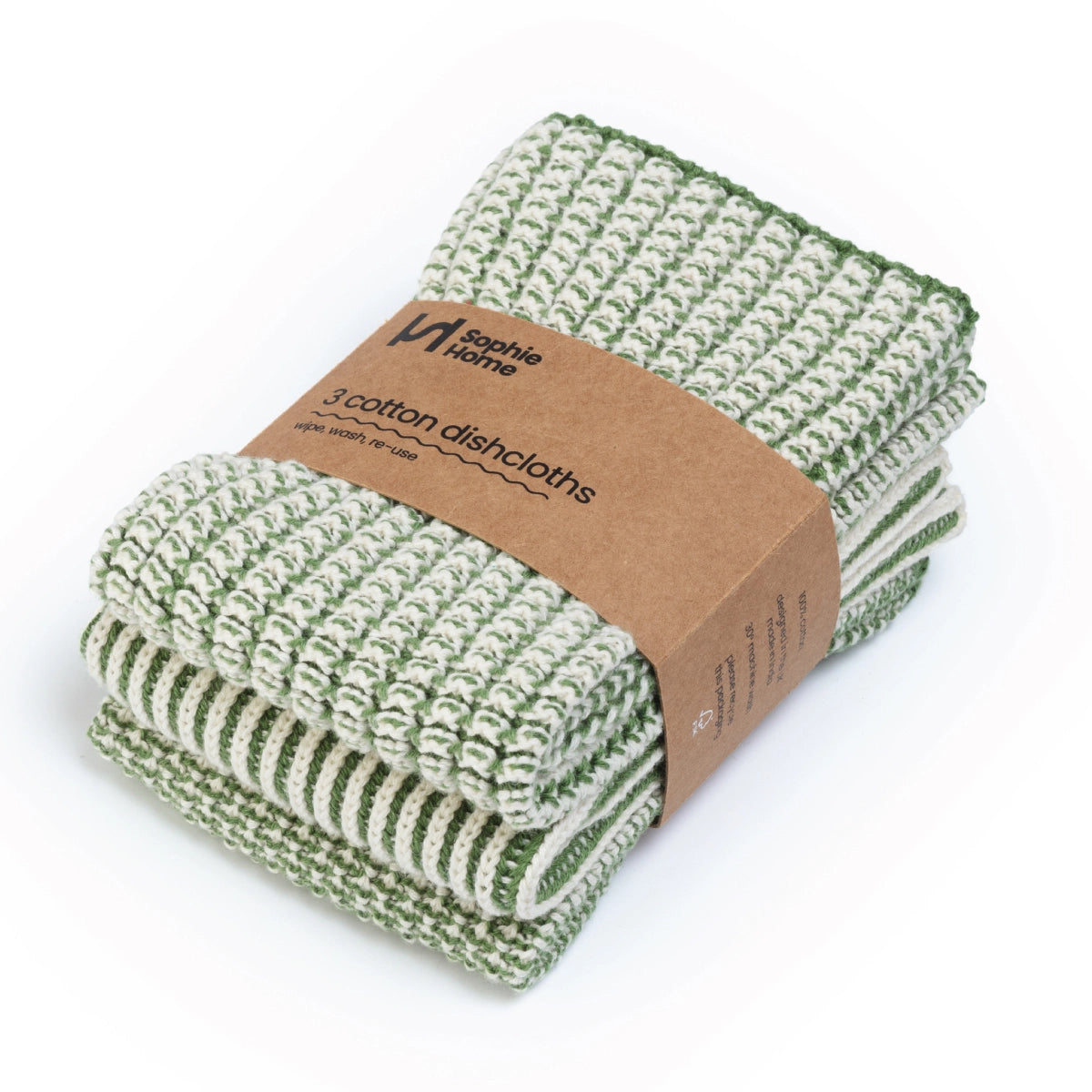 Sophie Home Reusable Cotton Textured Dish Cloths - Set of 3 in green with bellyband