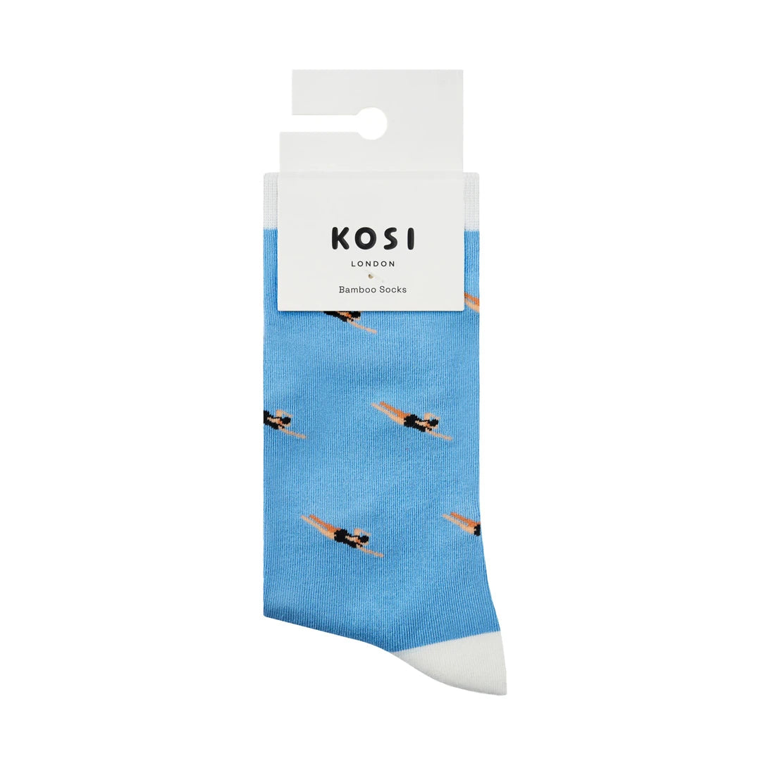 KOSI London The Swimmer Bamboo Socks (UK 3-8) and KOSI London packaging on a white background | Lifestory