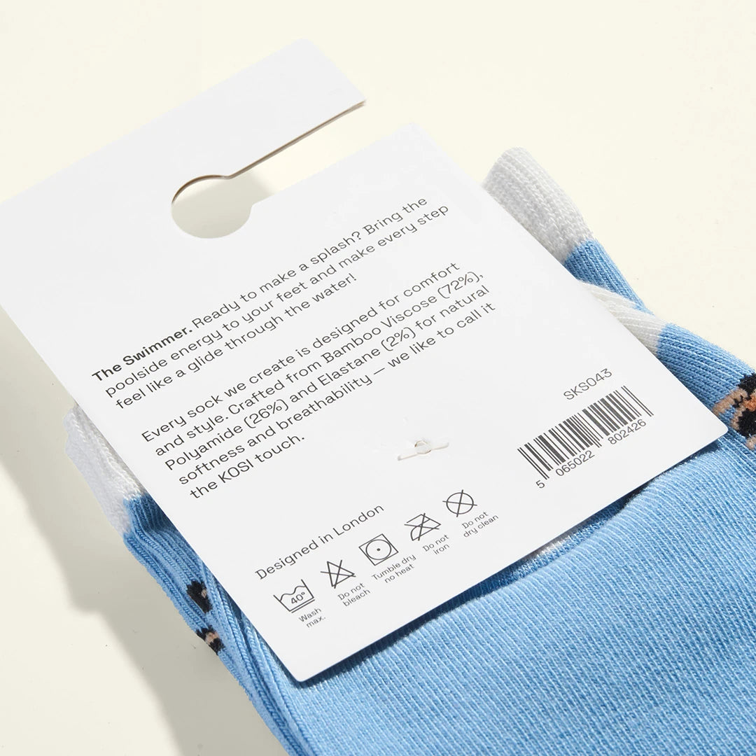 KOSI London The Swimmer Bamboo Socks (UK 3-8) and KOSI London packaging on a white background | Lifestory
