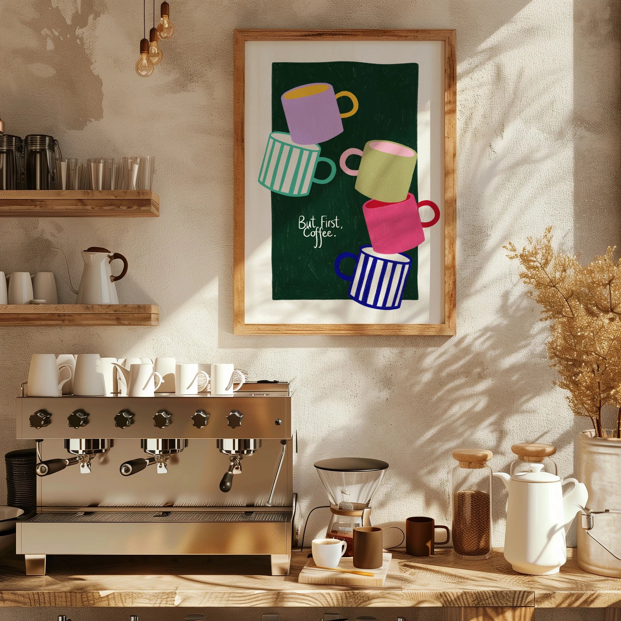 Tecari Designs 'But First, Coffee' A5 print framed and hanging above a coffee machine and countertop