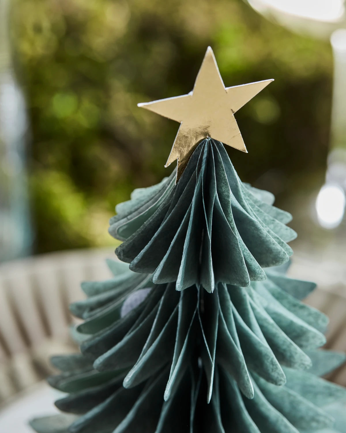 House Doctor set of 3 green paper fold out tree shaped decorations close up