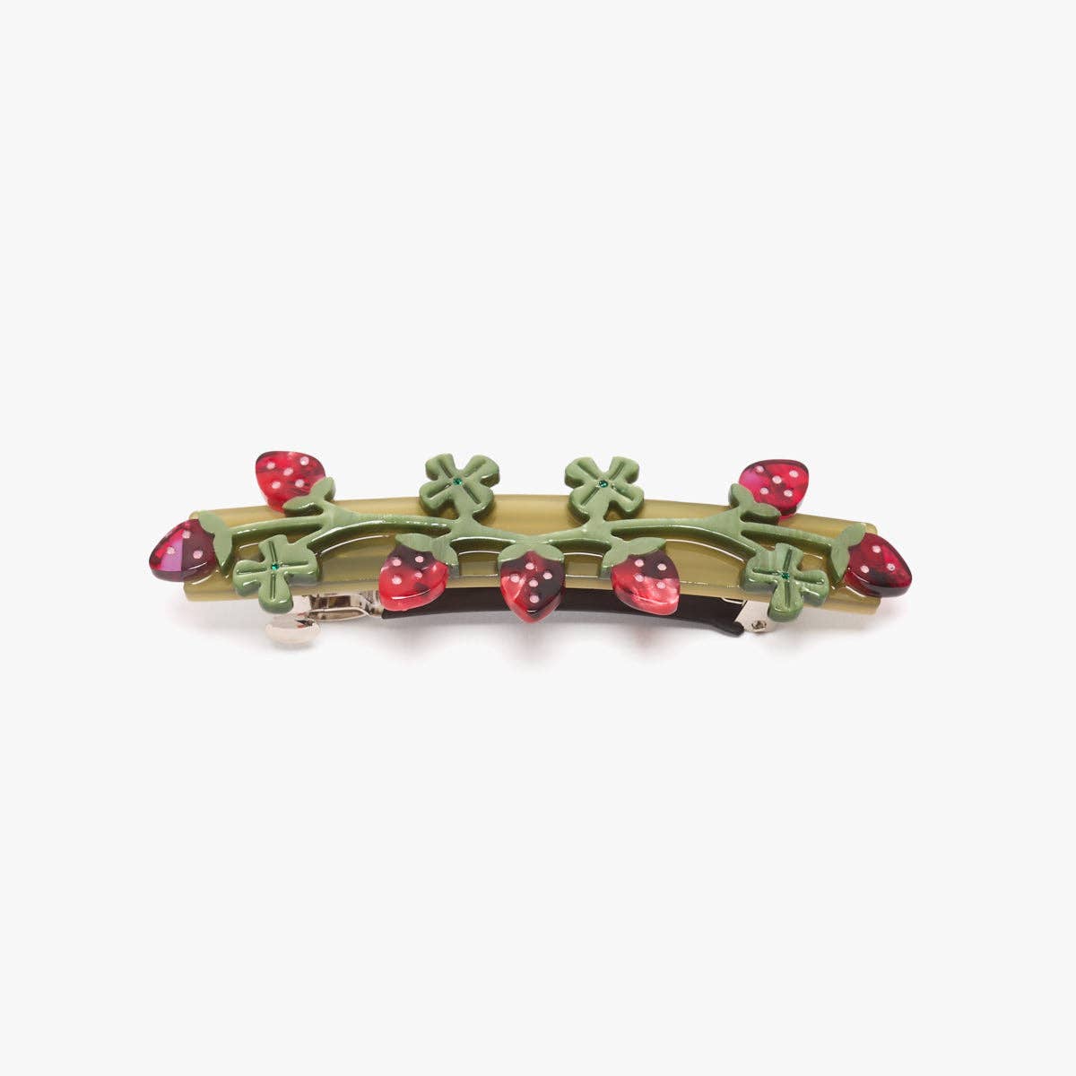 Barrette with strawberry and leaf design on a white background