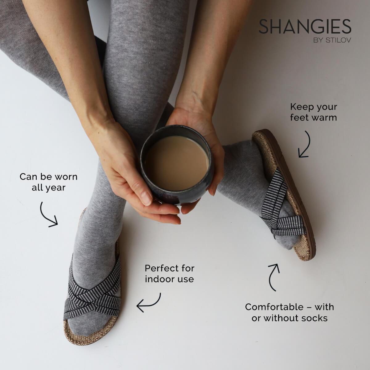 An infographuc of the benefits of Shangies sandals, featuing a models feet and hands holding a cup of tea