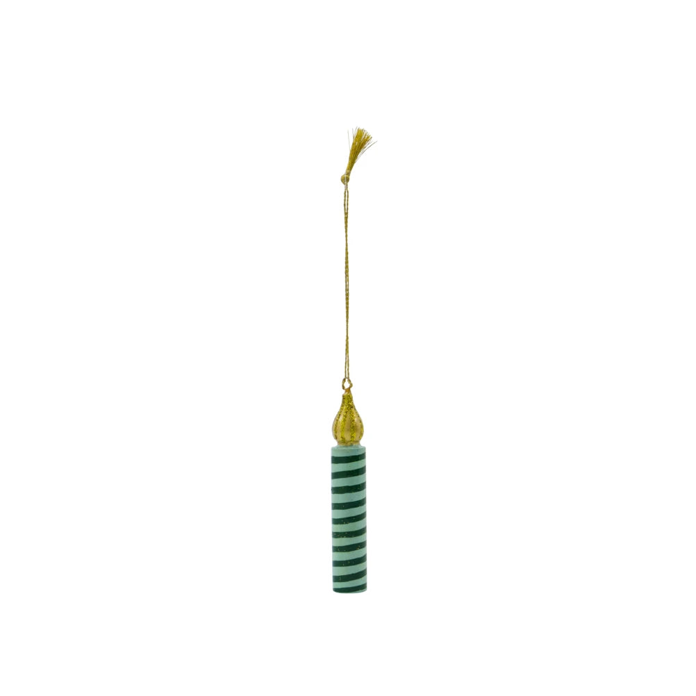 House Doctor green striped Wooden Candle Hanging Ornament against a white background