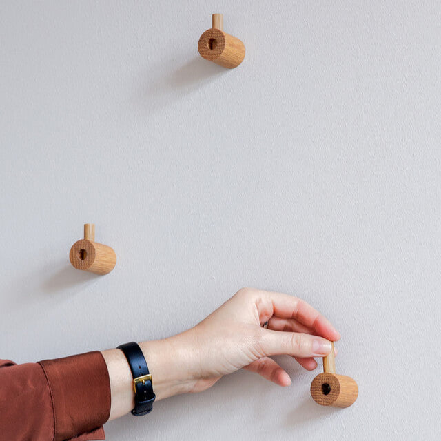 Moebe Wooden Wall Hook in Natural Oak in context with other hooks