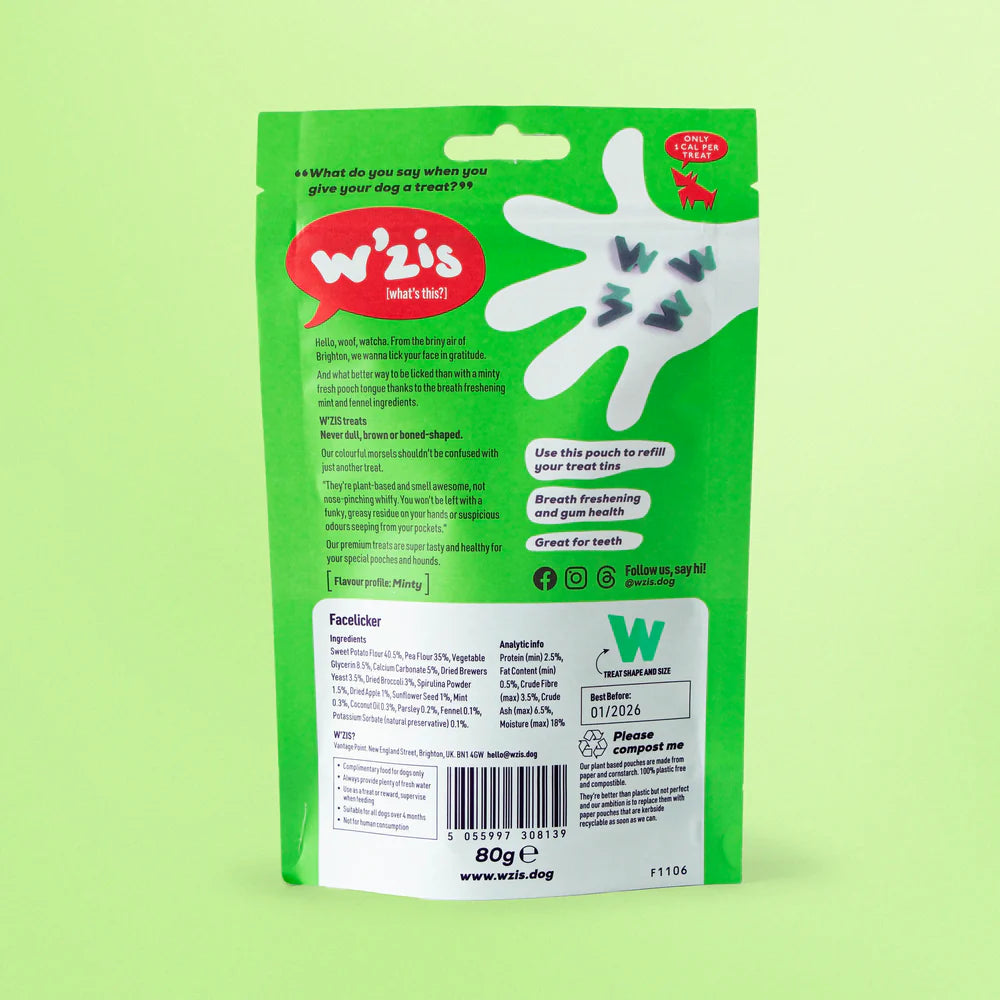 W'zis Plant Based Dog Treat 80g Pouch - Facelicker - Lifestory