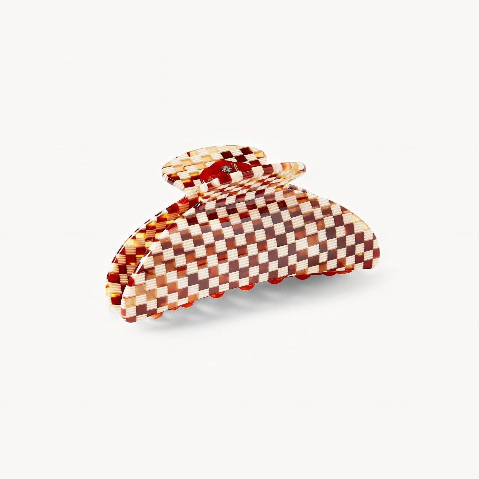 MACHETE Midi Heirloom hair Claw in Tortoise Checker Acetate on a white background side view