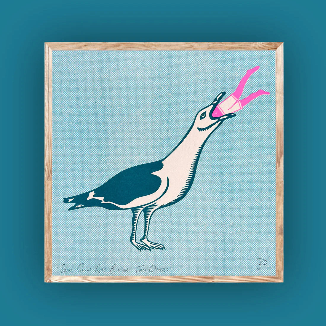Framed artwork of a seagull eating a pink human on a blue background