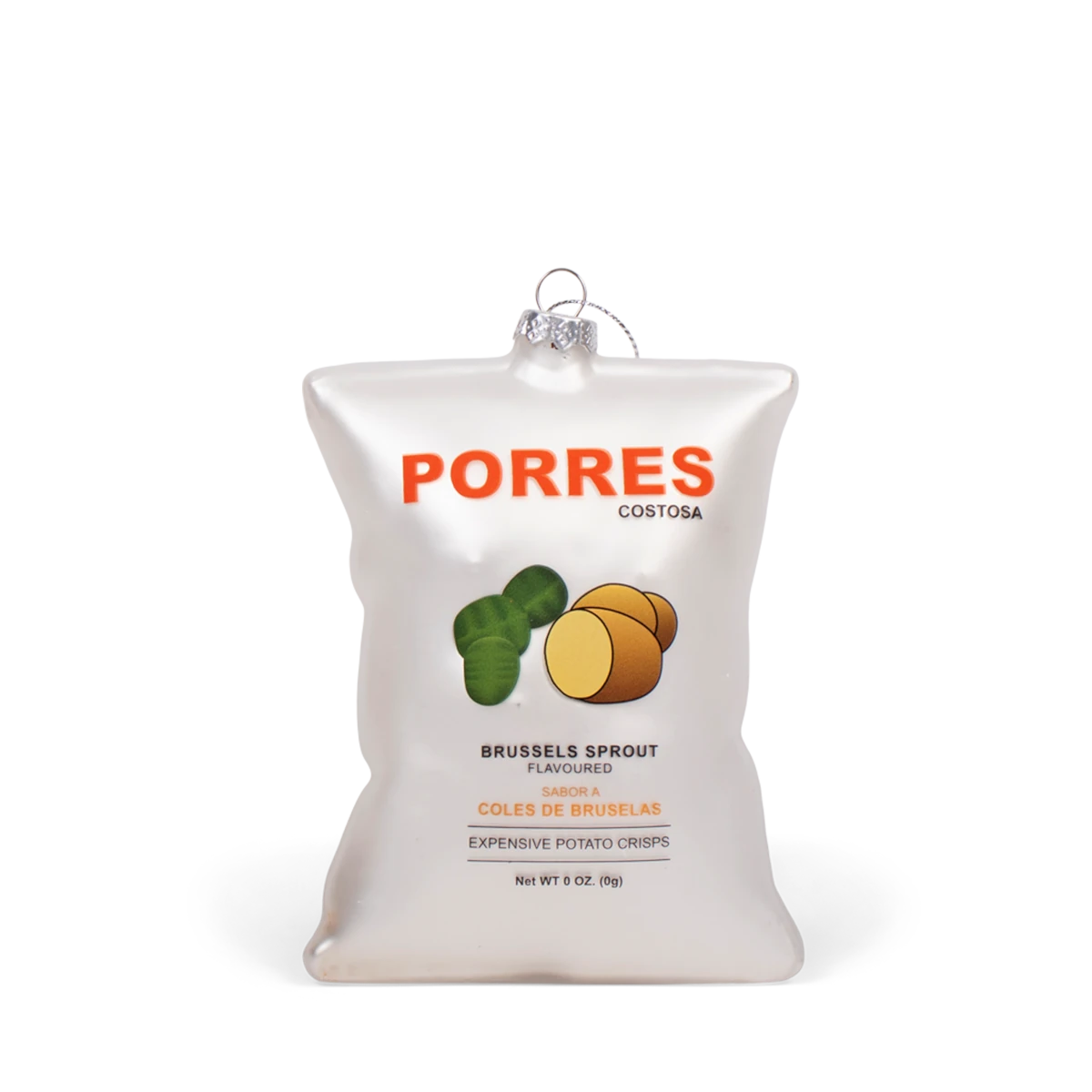 Decorative ornament shaped like a potato crisp bag with 'PORRES' branding on a white background.