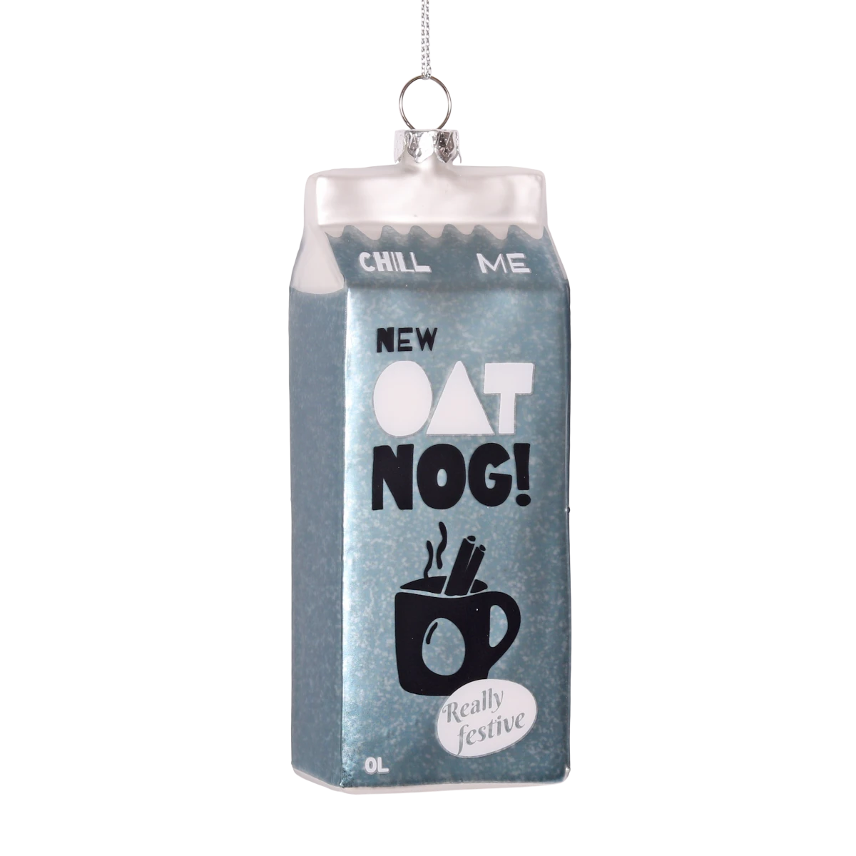 Carton of 'Oat Nog' with decorative tag on a white background