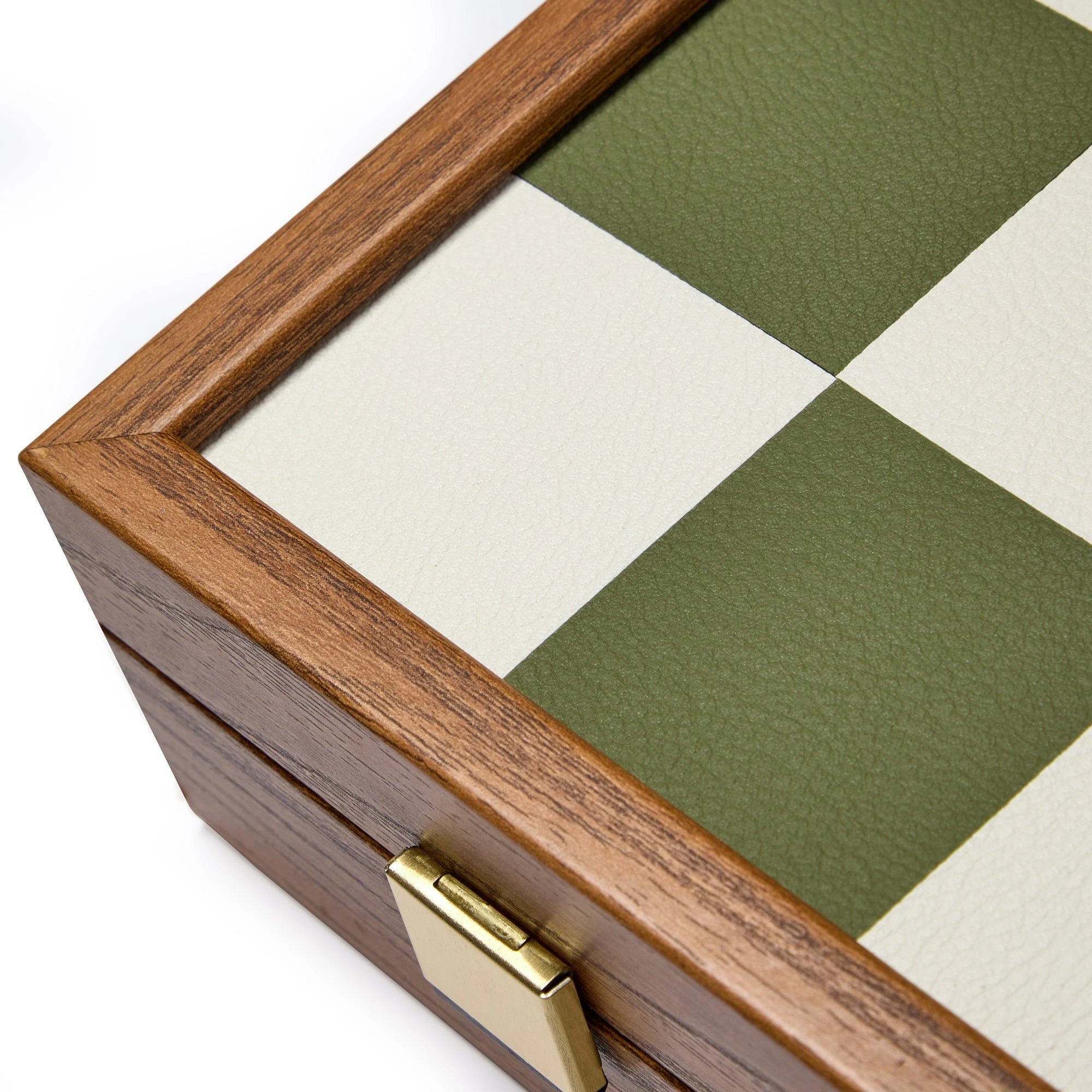 Milos Wooden Chess Set by The Conran Shop in olivine green corner of board game box detail