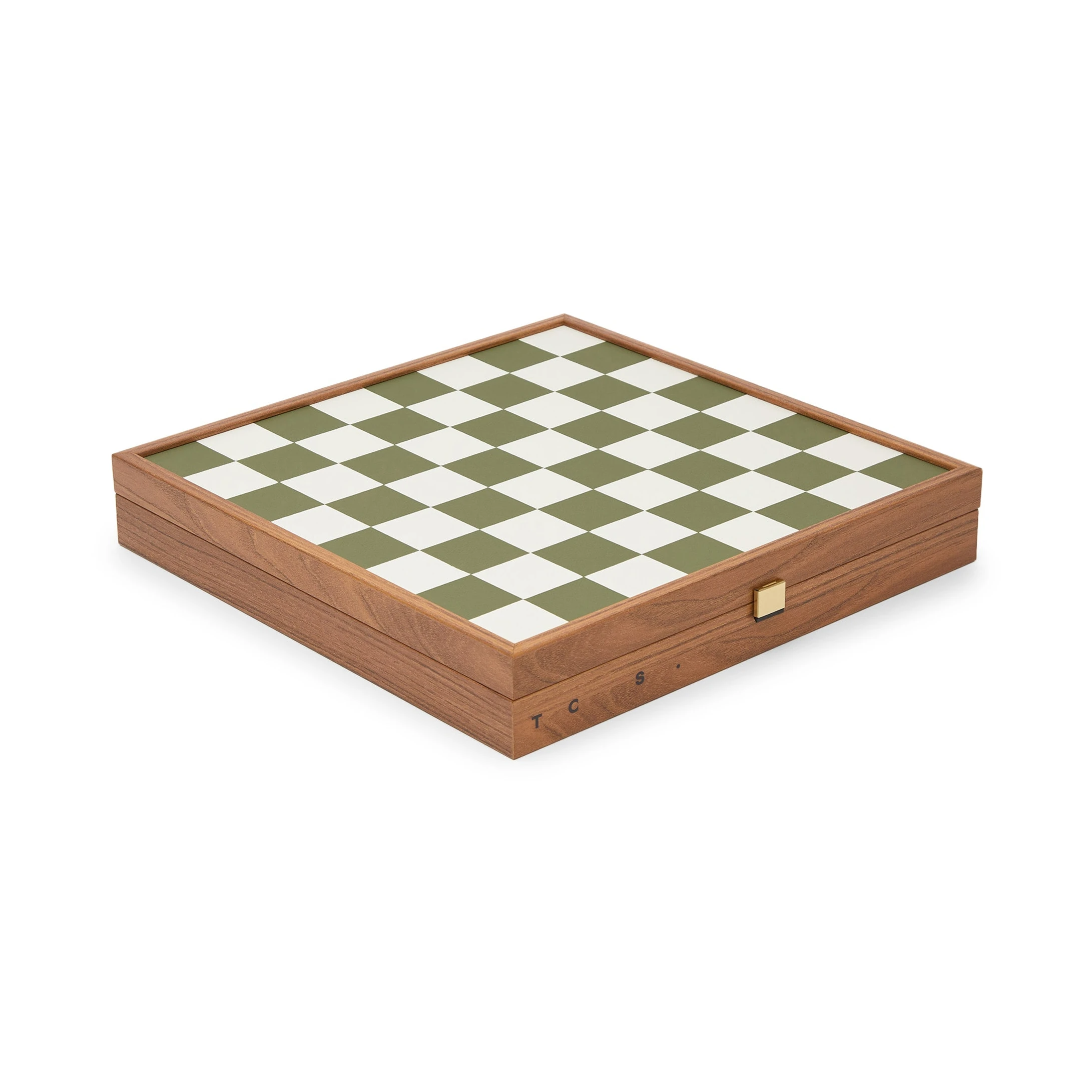 Milos Wooden Chess Set by The Conran Shop in olivine green closed box view