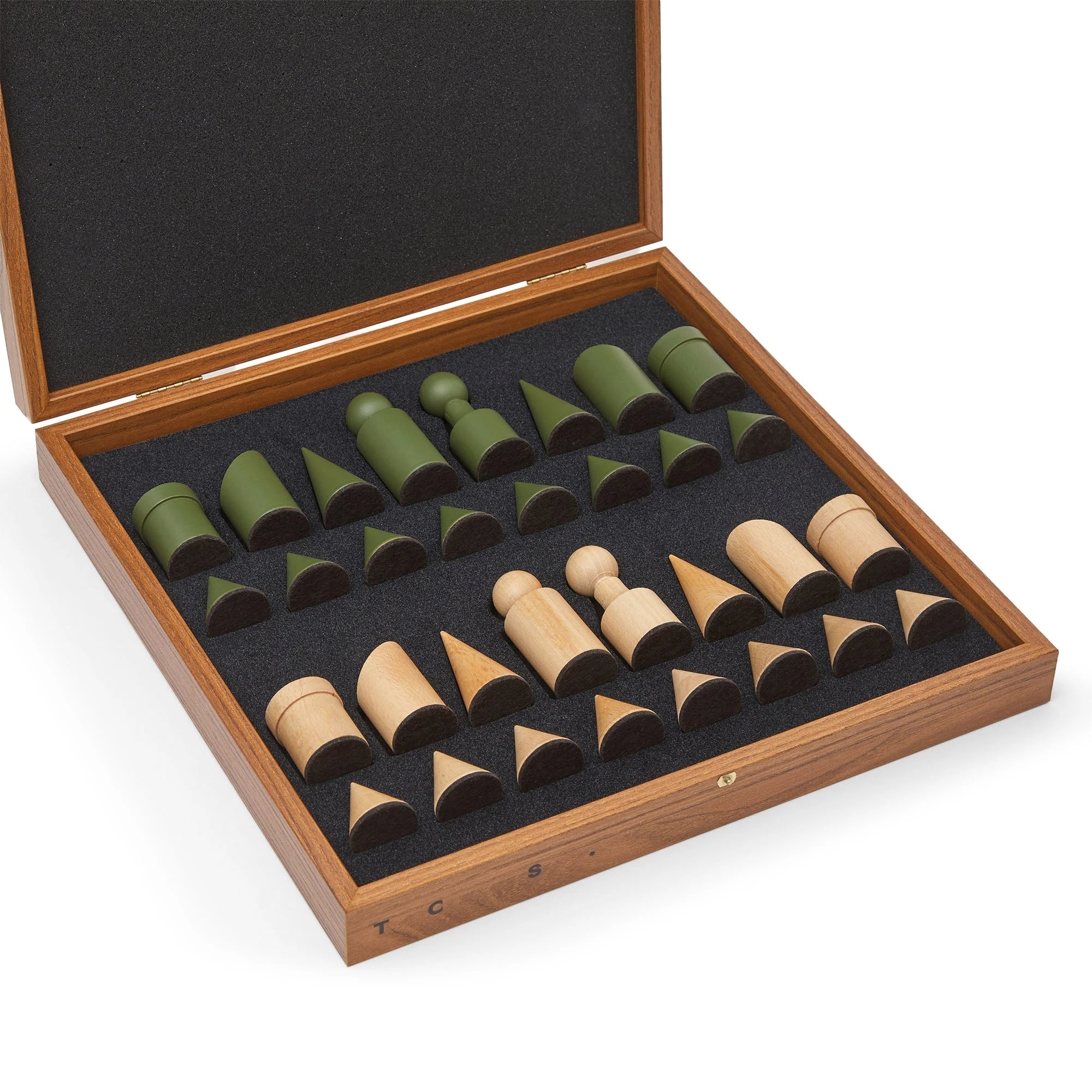Milos Wooden Chess Set by The Conran Shop in olivine green internal view of piece storage