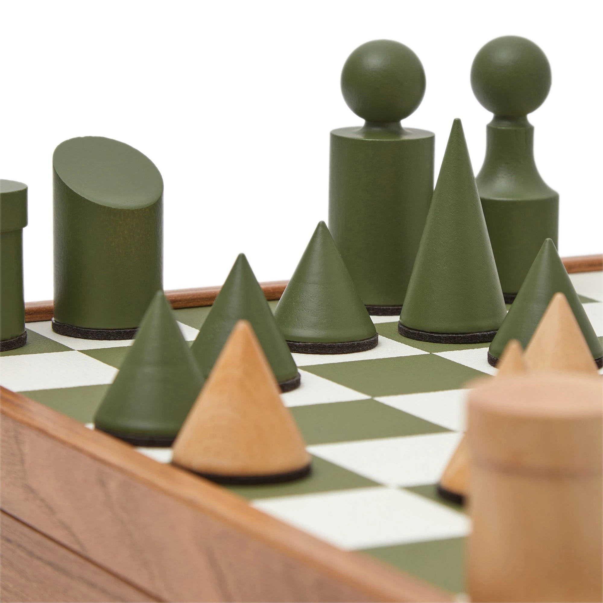 Milos Wooden Chess Set by The Conran Shop in olivine green - close shot of playing pieces