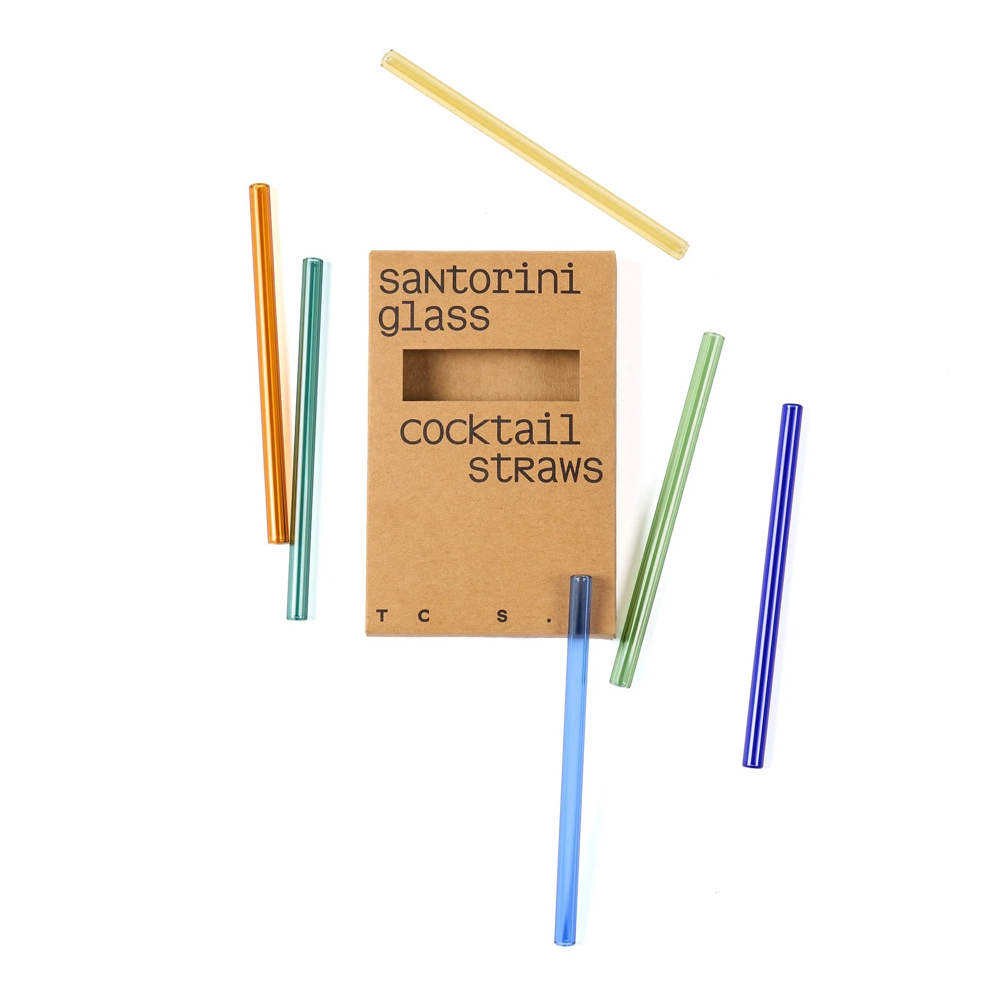 Santorini Set of 6 Glass Cocktail Straws by The Conran Shop on a white background with the gift box