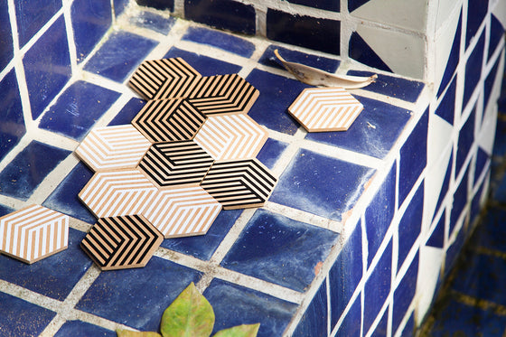 Coaster Set | Table Tiles | Black & Beige Striped | by Areaware - Lifestory - Areaware