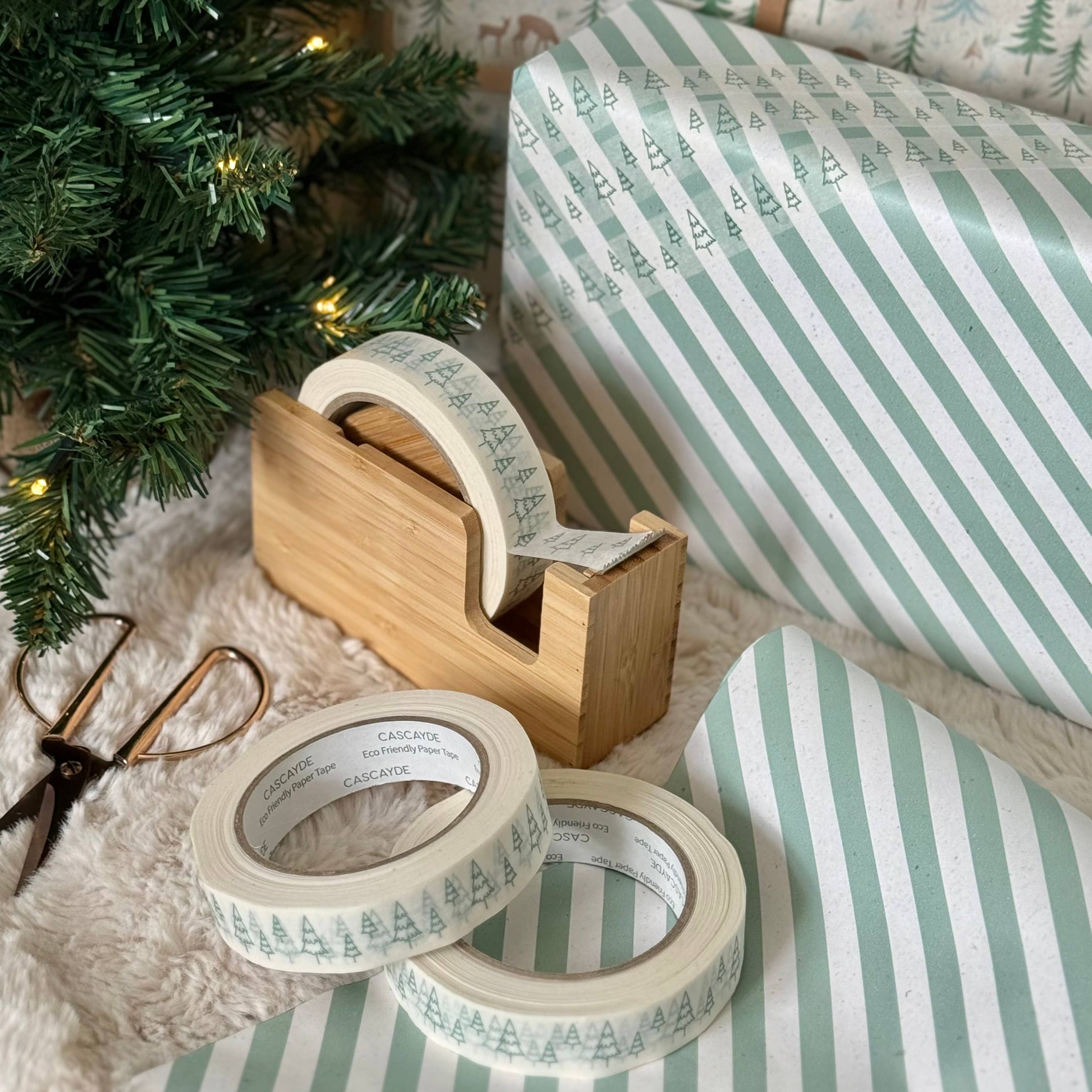 Green Christmas Tree on White Paper Tape - 50m