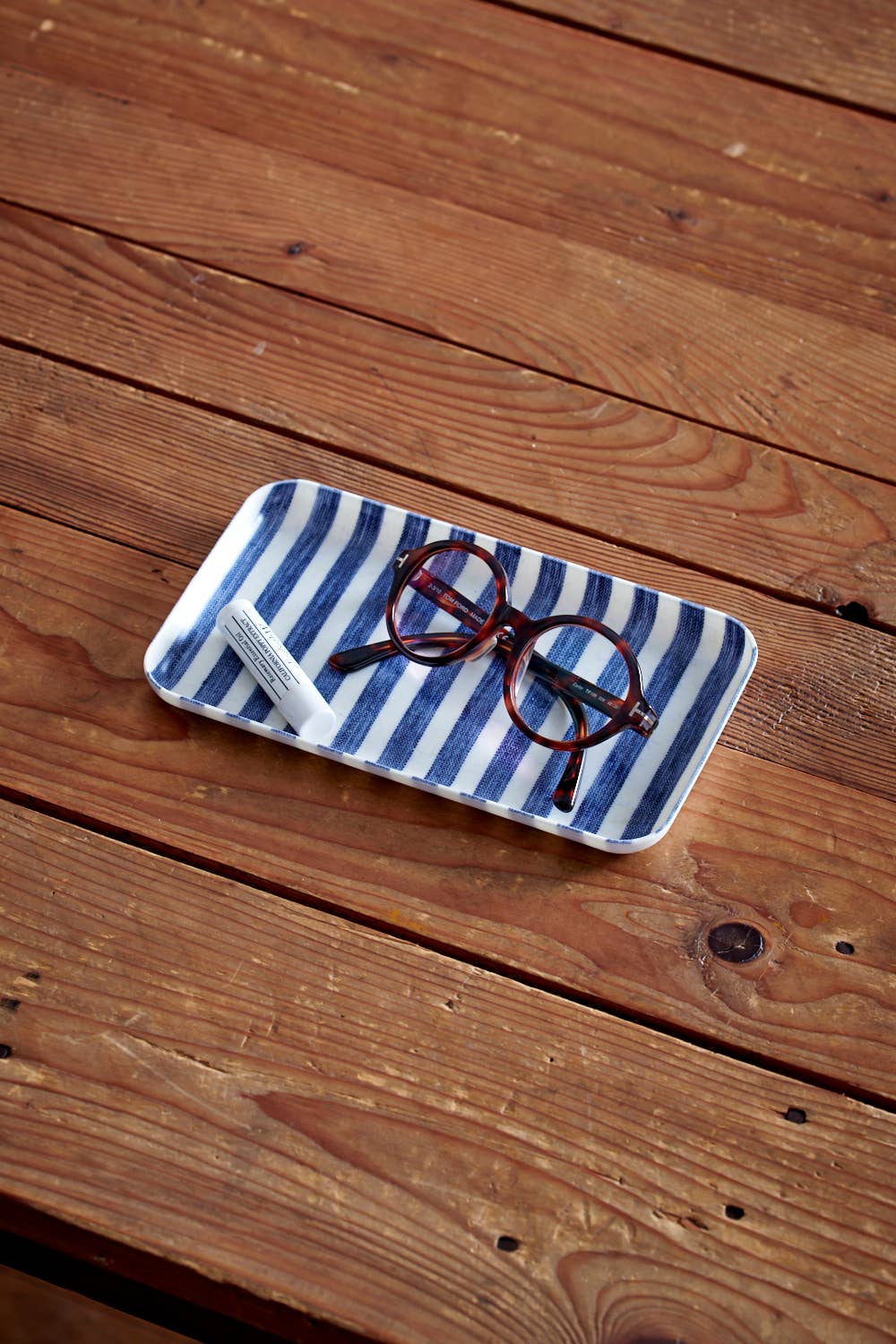 Linen Tray (S) White Blue Stripe
