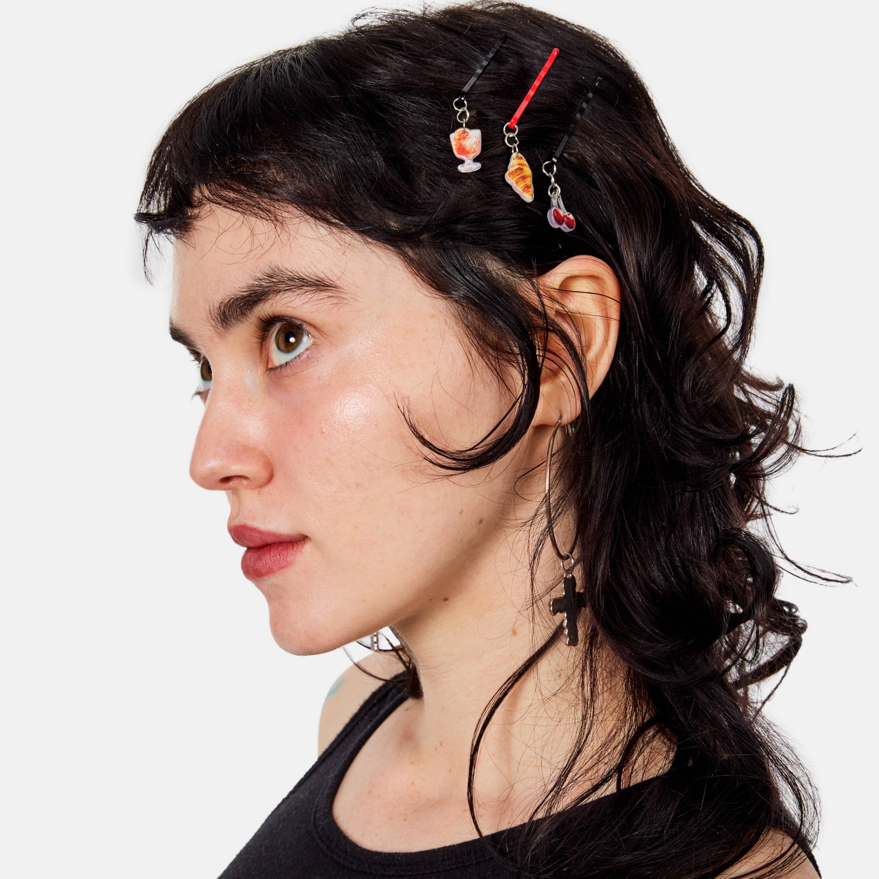 CHUNKS Picnic Bobby Pins being worn by a model against a white background