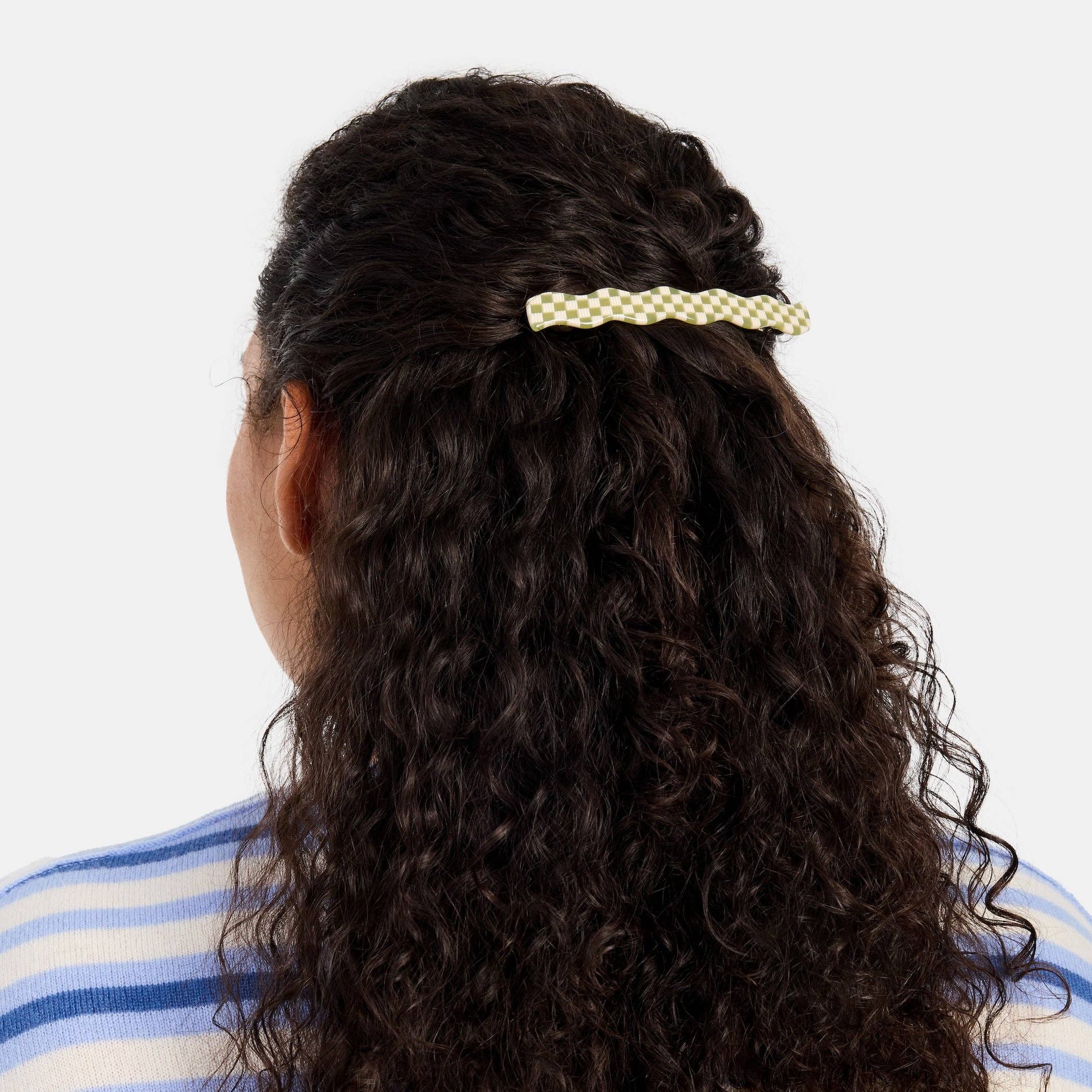 CHUNKS Skinny Wave Barrette in Olive Check - Lifestory