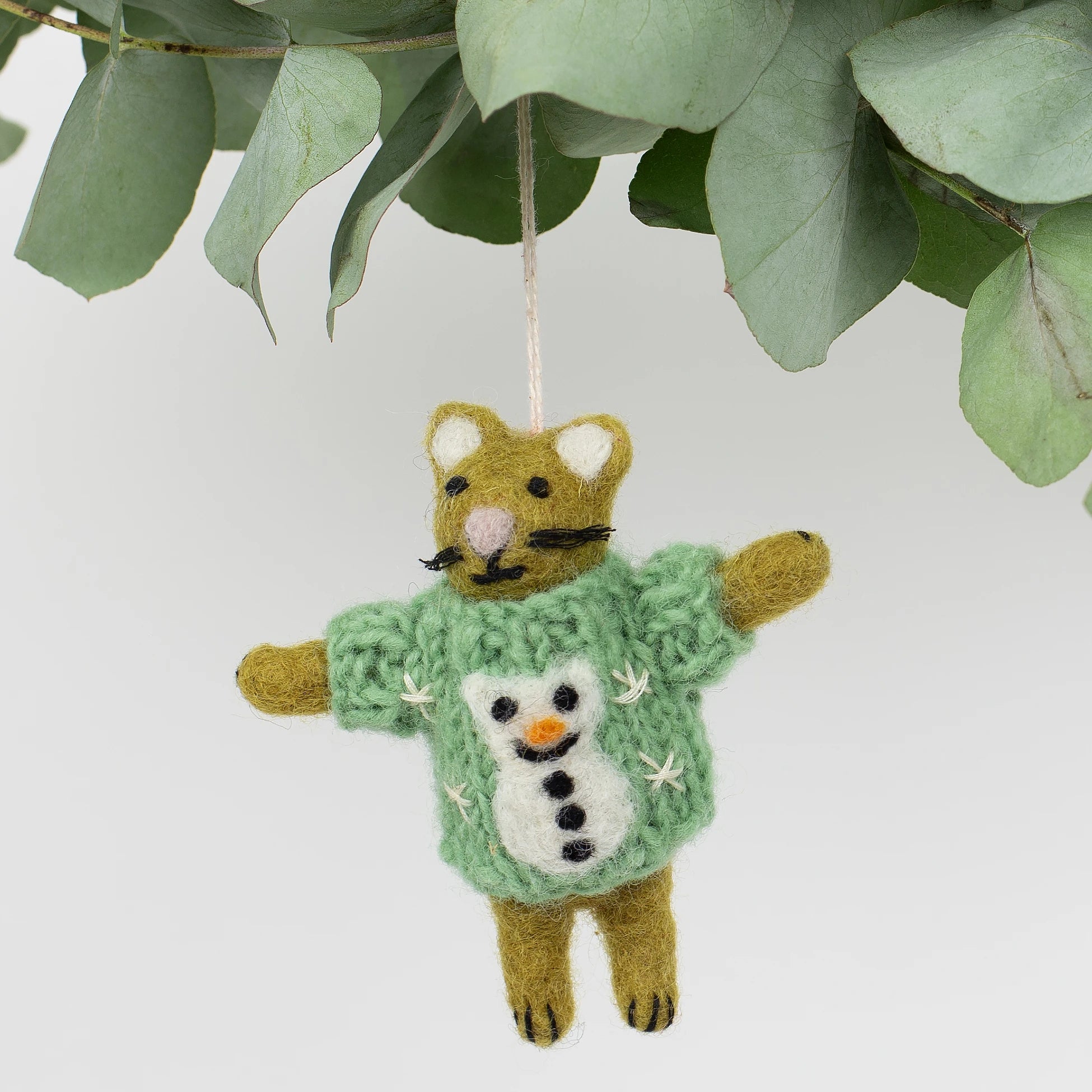 Cat With Snowman Sweater Hand Felted Hanging Ornament