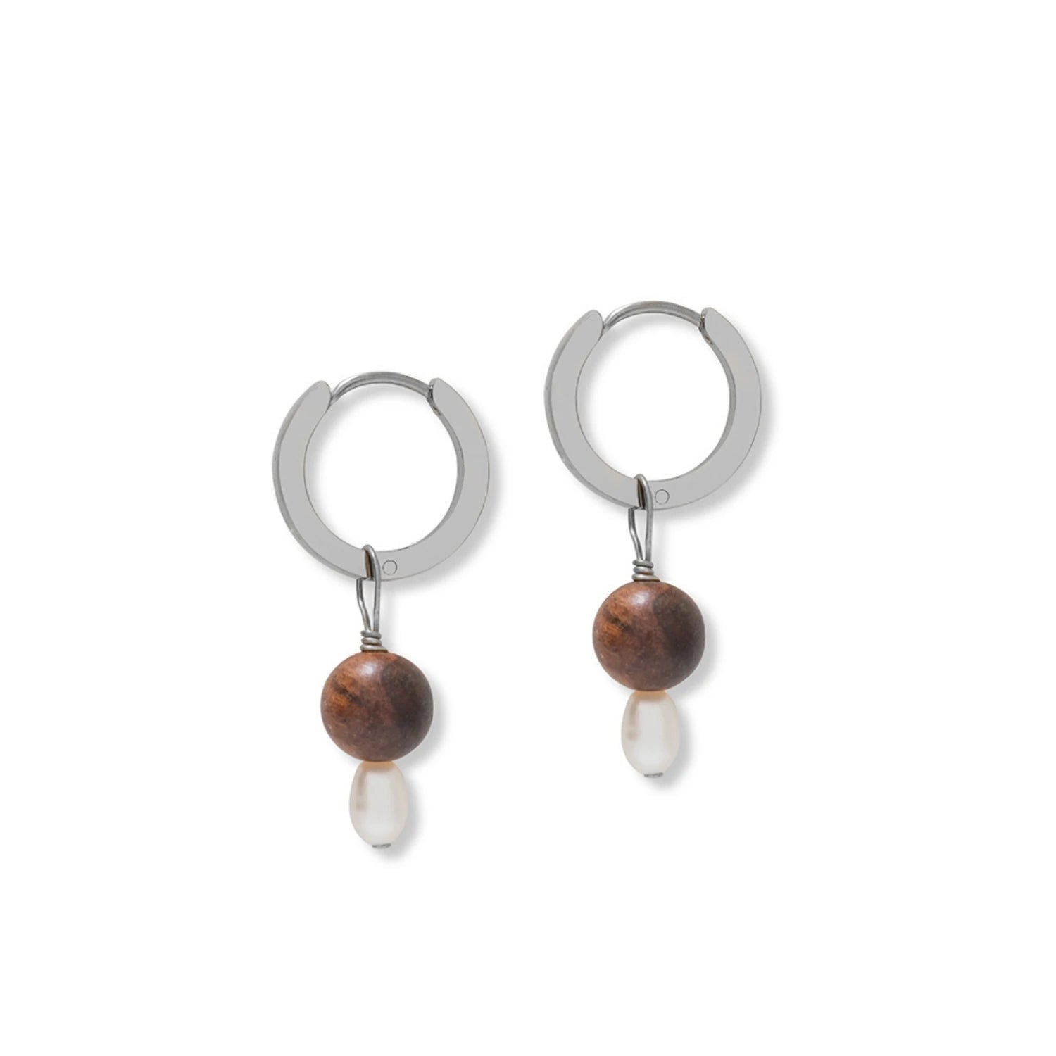 Pearl & Wood Small Hoop Earrings in Gold or Silver by A Weathered Penny