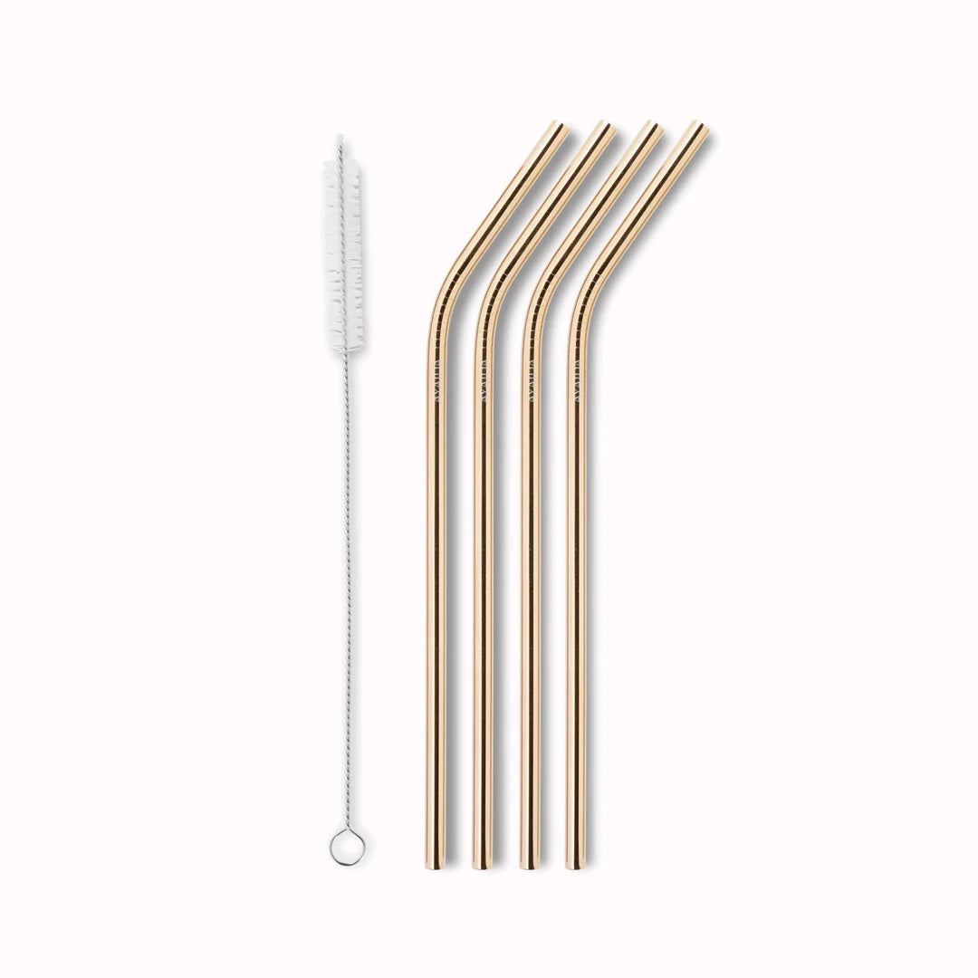 Aya&Ida Set of 4 Reusable Long Gold Drinking Straws with Brush
