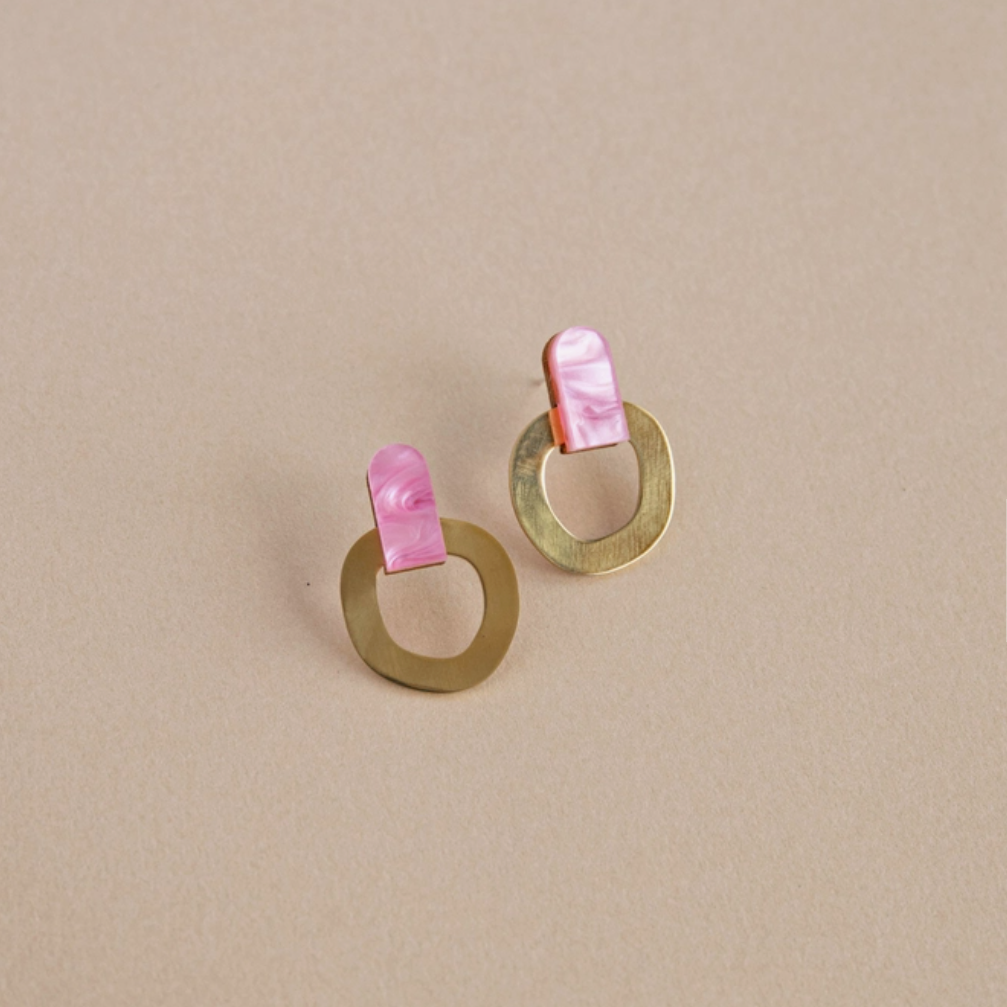 Around Stud Earrings | Pink | Acrylic, Brass & Wood | by Pepper You - Lifestory
