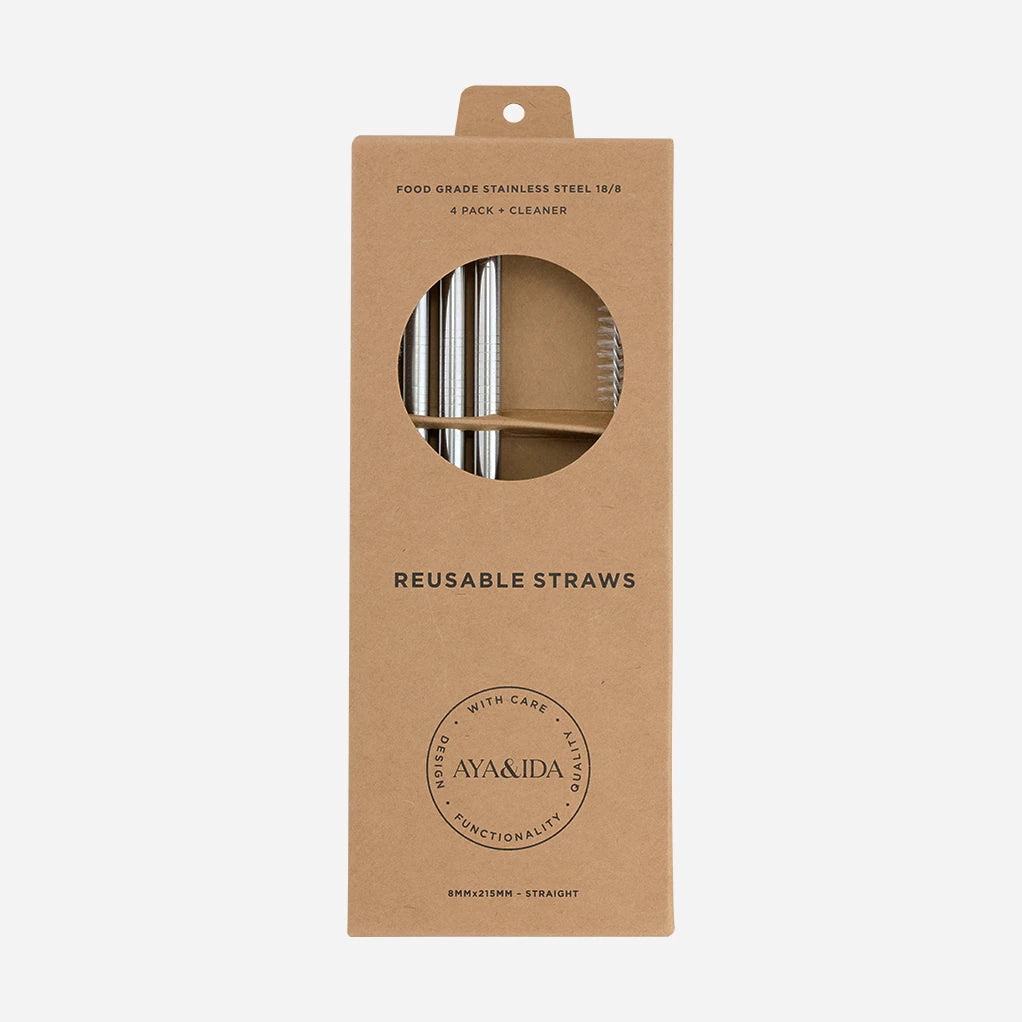 Aya&Ida Set of 4 Reusable Long Straight Steel Straws with Brush