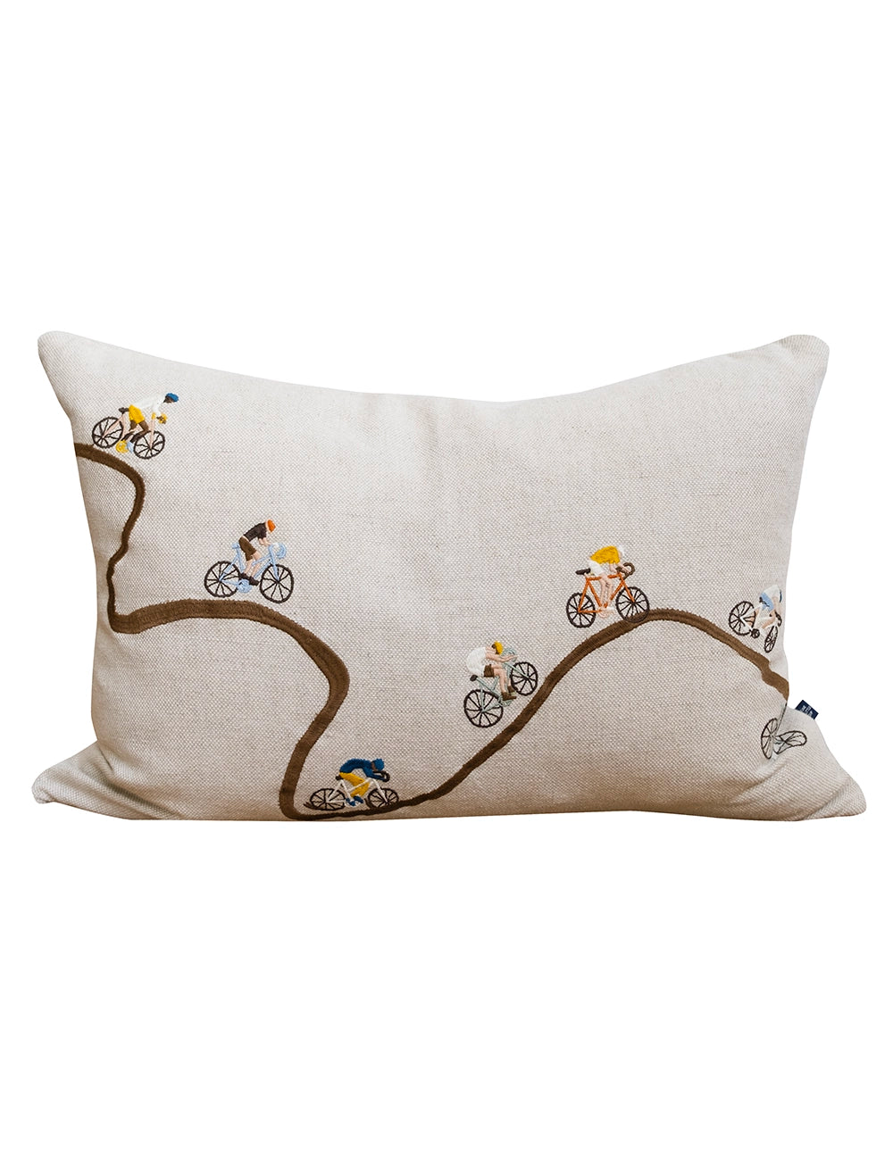 A cut out image of a rectangular cushion in natural linen with an embroidered path and cyclists from Fine Little Day 