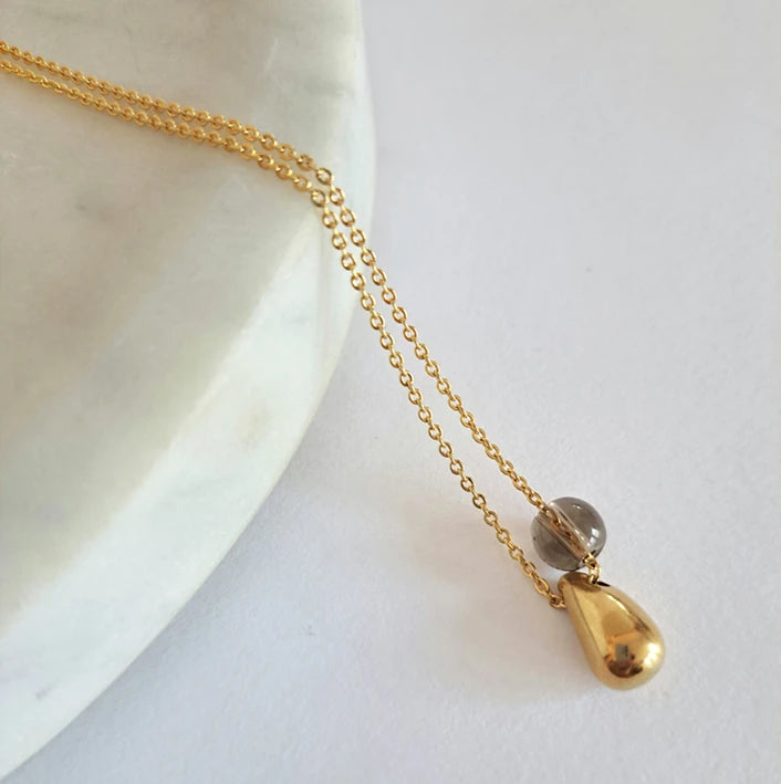 Kira Pear Teardrop & Quartz Necklace by brass+bold