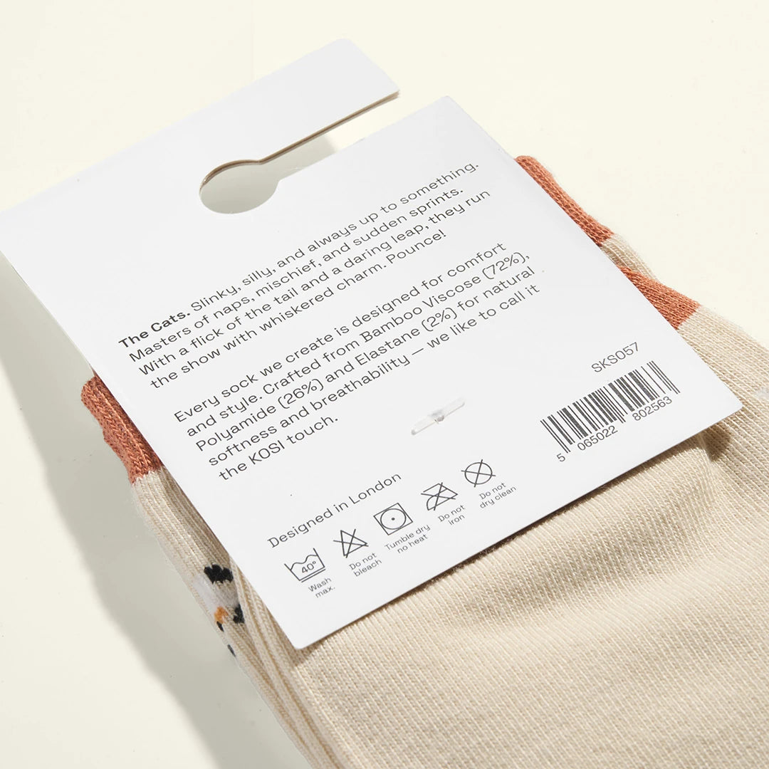 KOSI London The Cats Bamboo Socks (UK 3-8) and KOSI London packaging on a white background | Lifestory